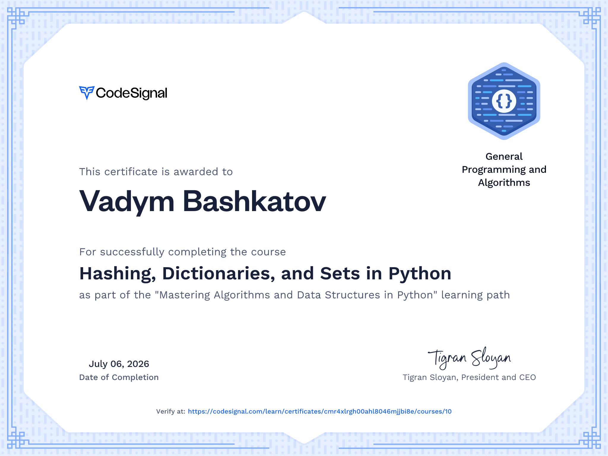 Course Certificate for Hashing, Dictionaries, and Sets in Python
