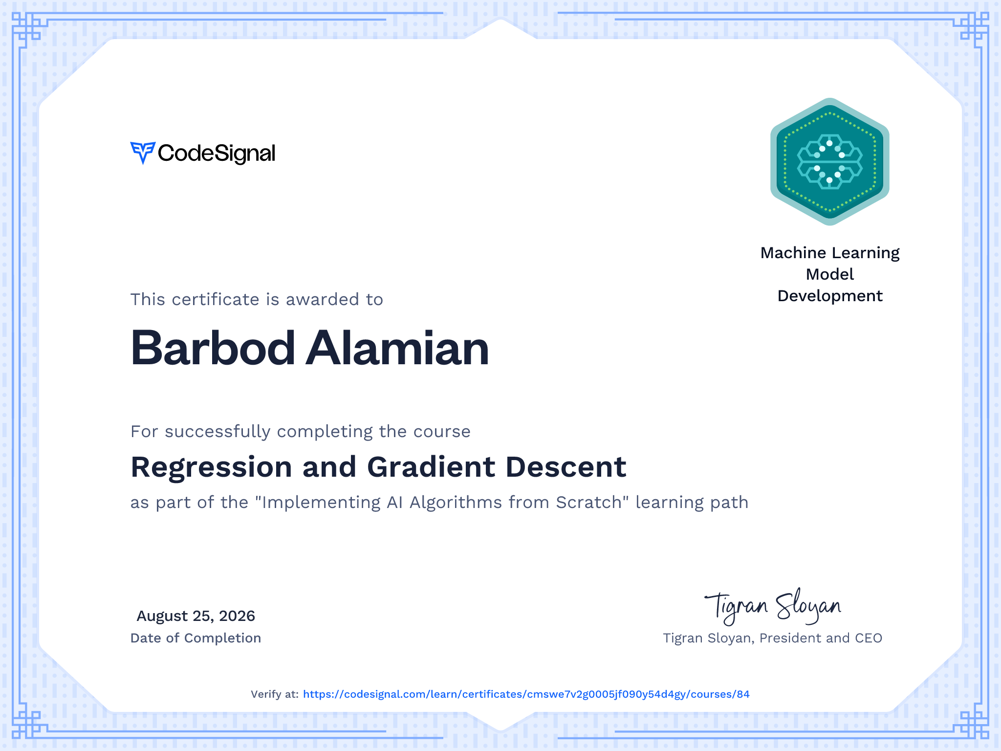 Course Certificate for Regression and Gradient Descent