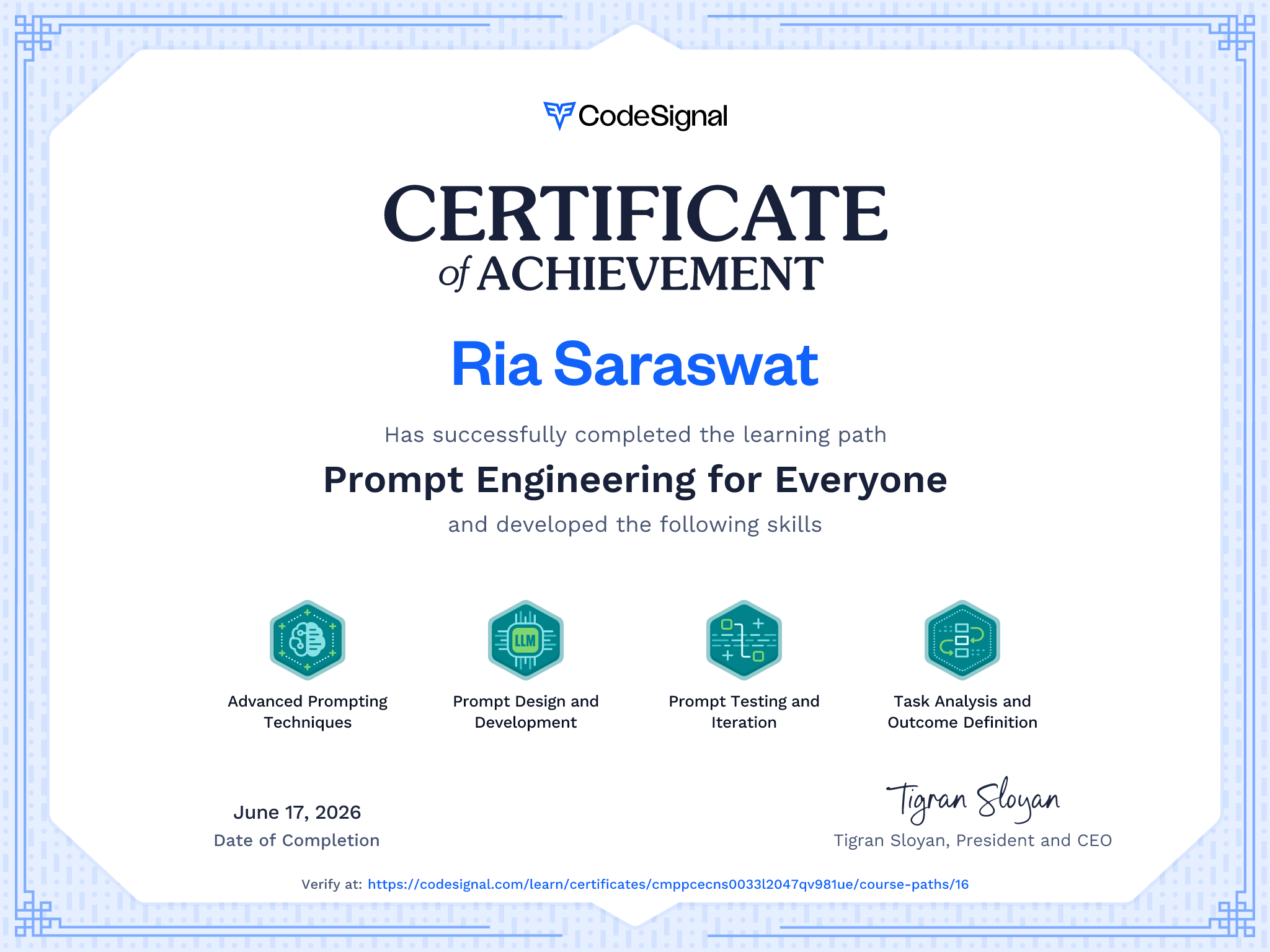 Path Certificate for Prompt Engineering for Everyone