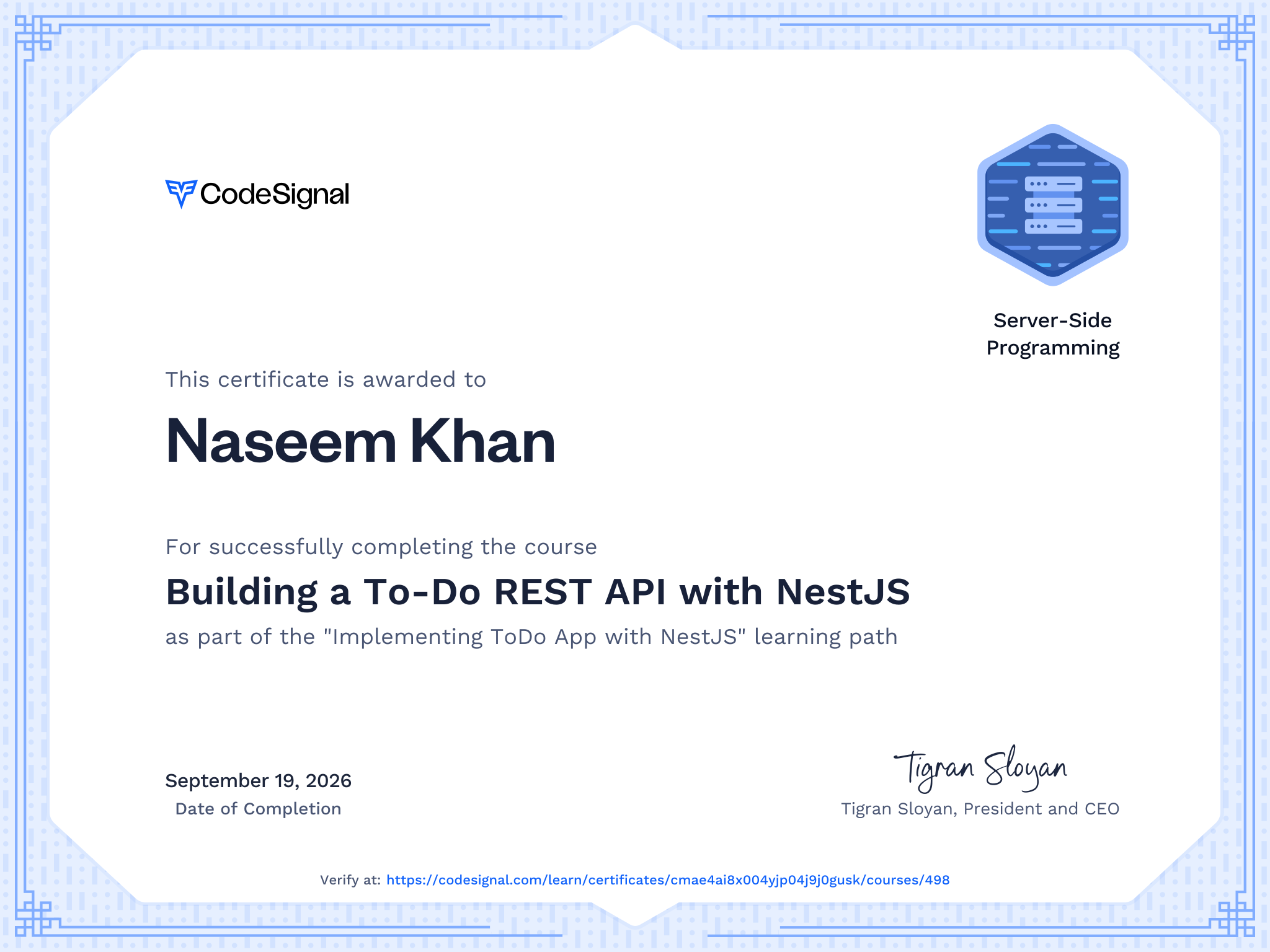 Course Certificate for Building a To-Do REST API with NestJS