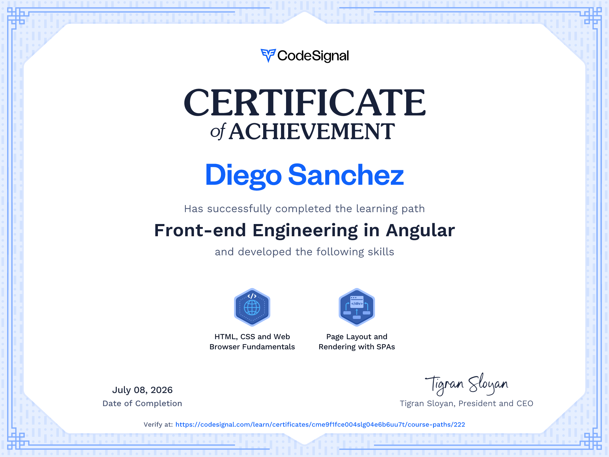 Path Certificate for Front-end Engineering in Angular
