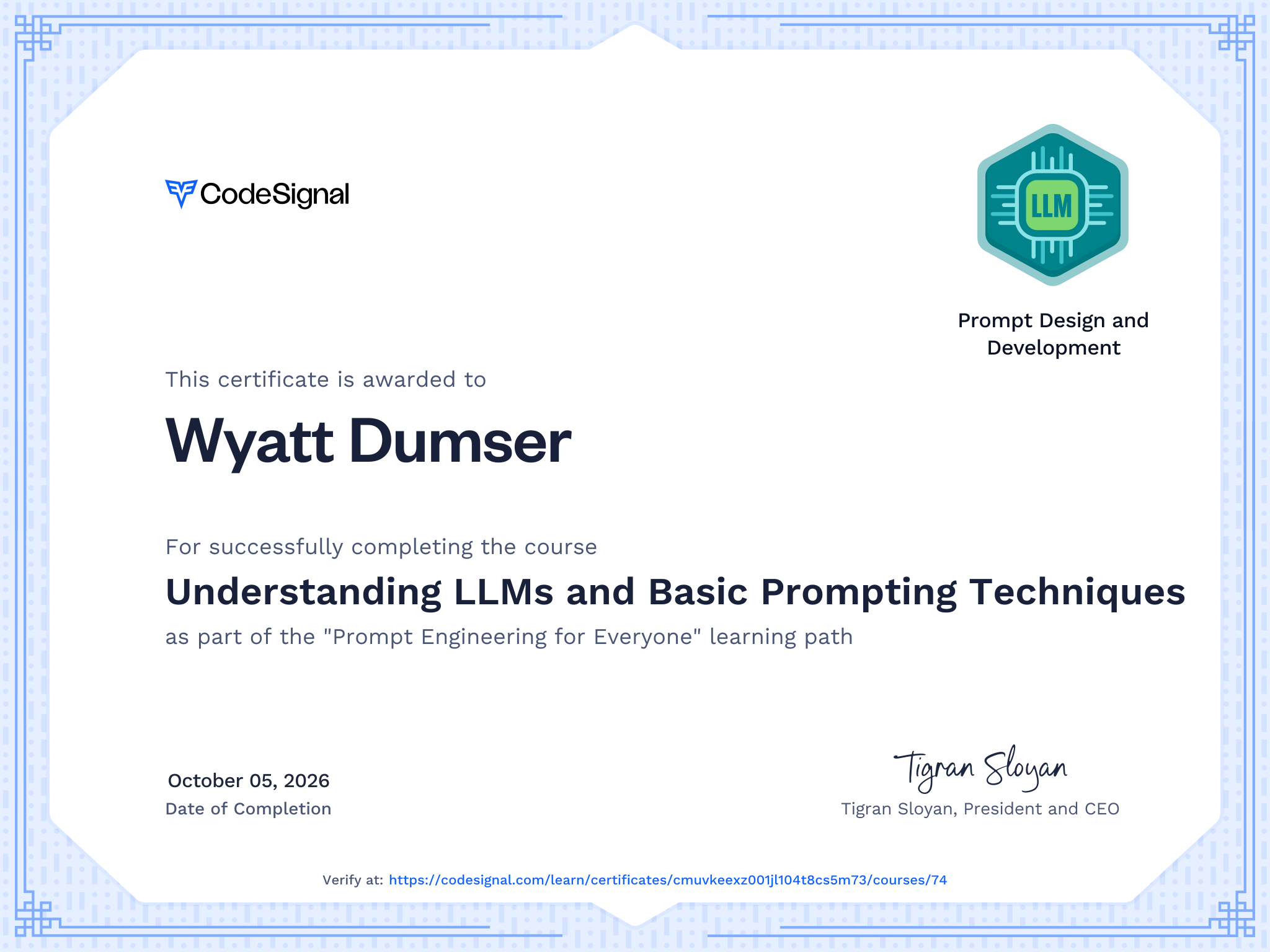 Course Certificate for Understanding LLMs and Basic Prompting Techniques