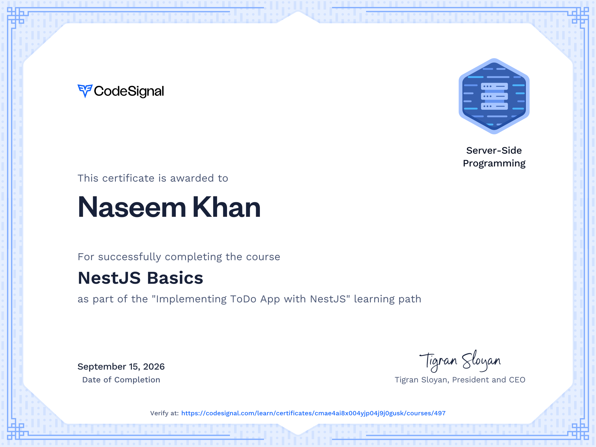 Course Certificate for NestJS Basics