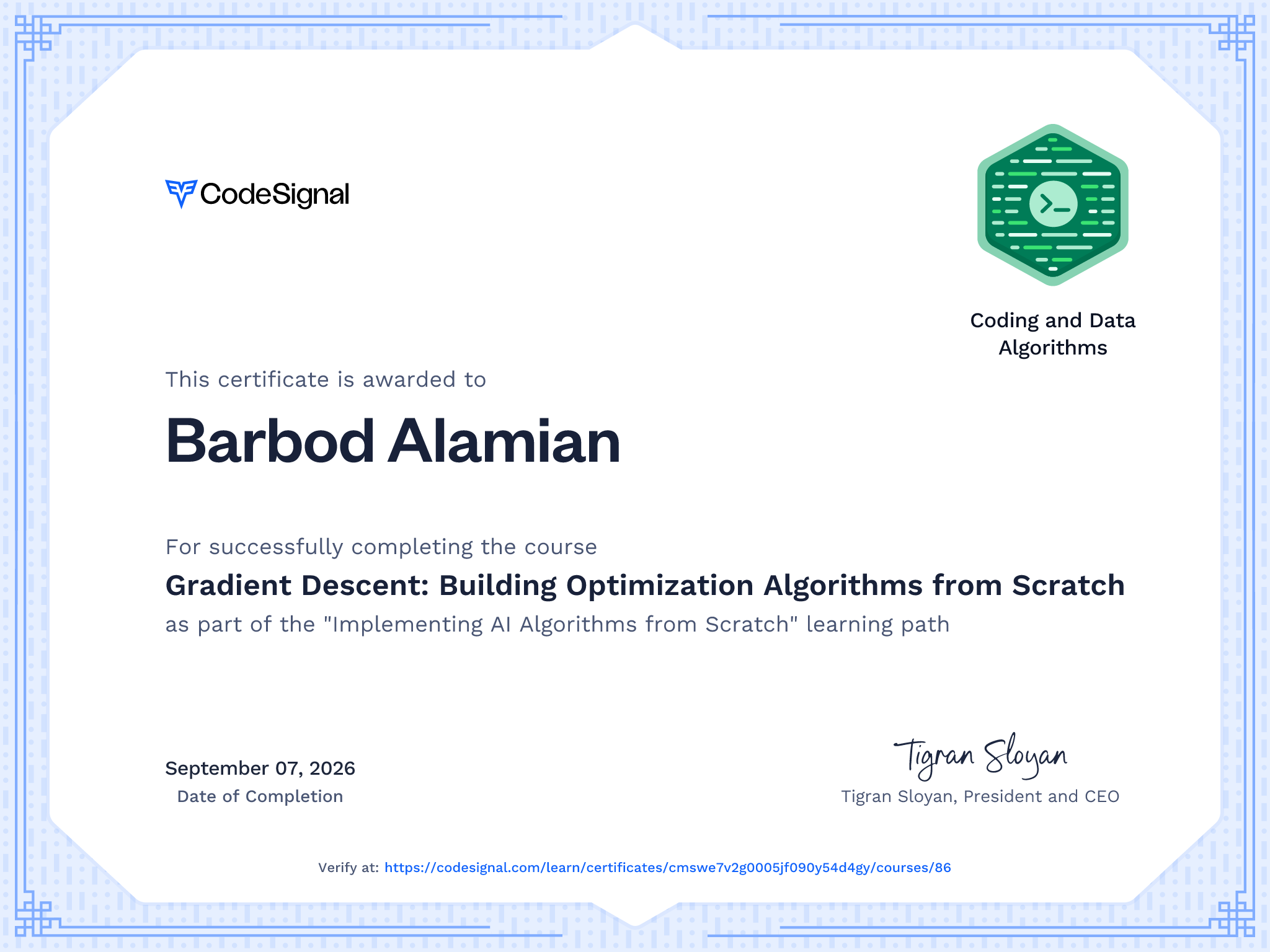 Course Certificate for Gradient Descent: Building Optimization Algorithms from Scratch