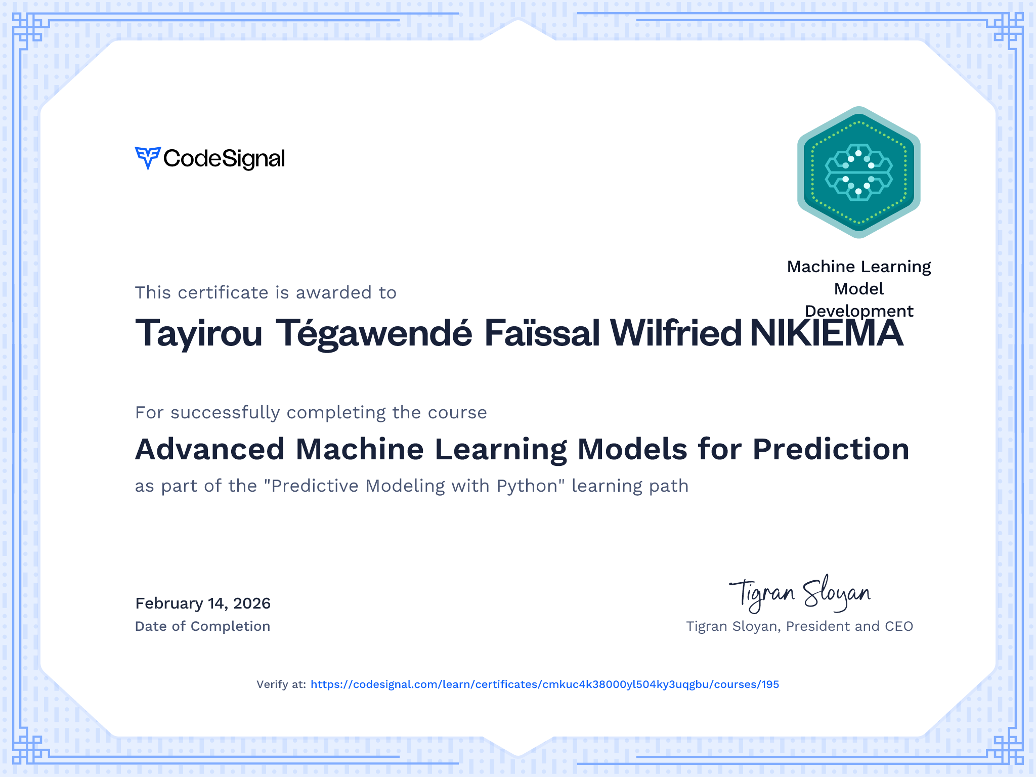 Course certificate for Advanced Machine Learning Models for Prediction ...