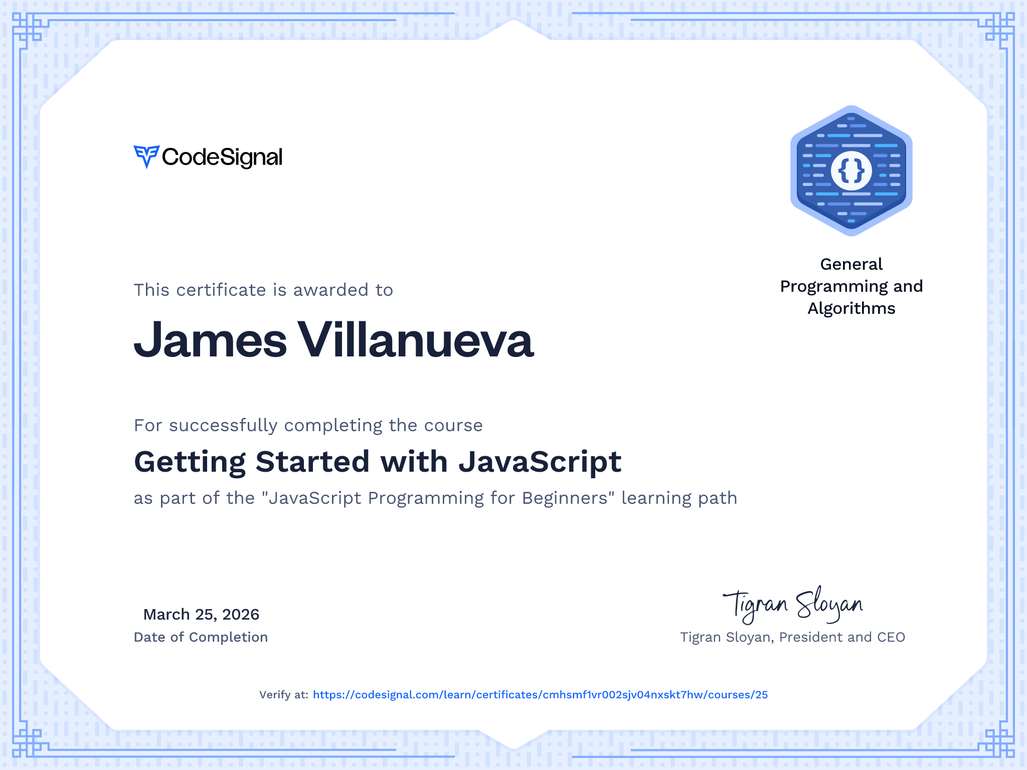 Course certificate for Getting Started with JavaScript | CodeSignal Learn