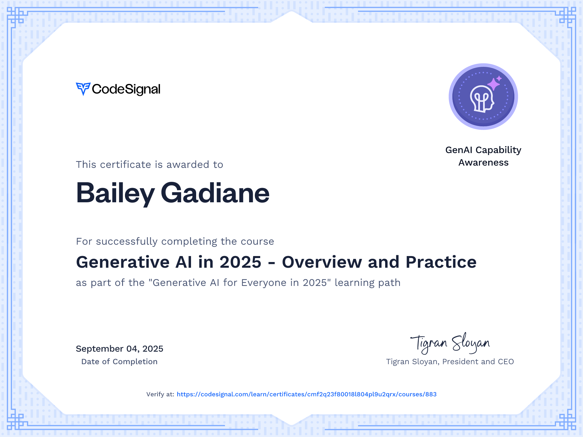Course Certificate for Generative AI in 2025 - Overview and Practice