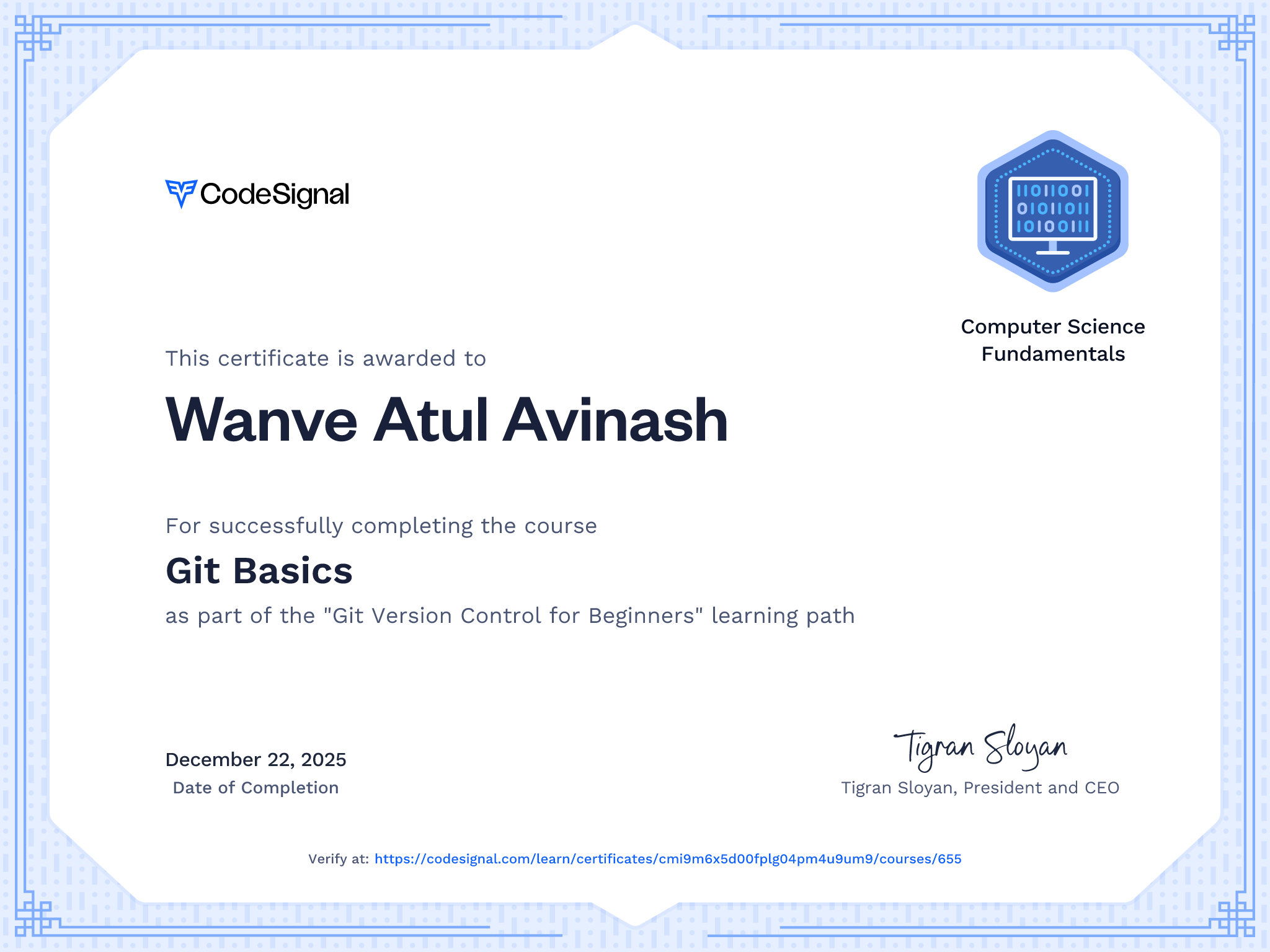 Course certificate for Git Basics | CodeSignal Learn