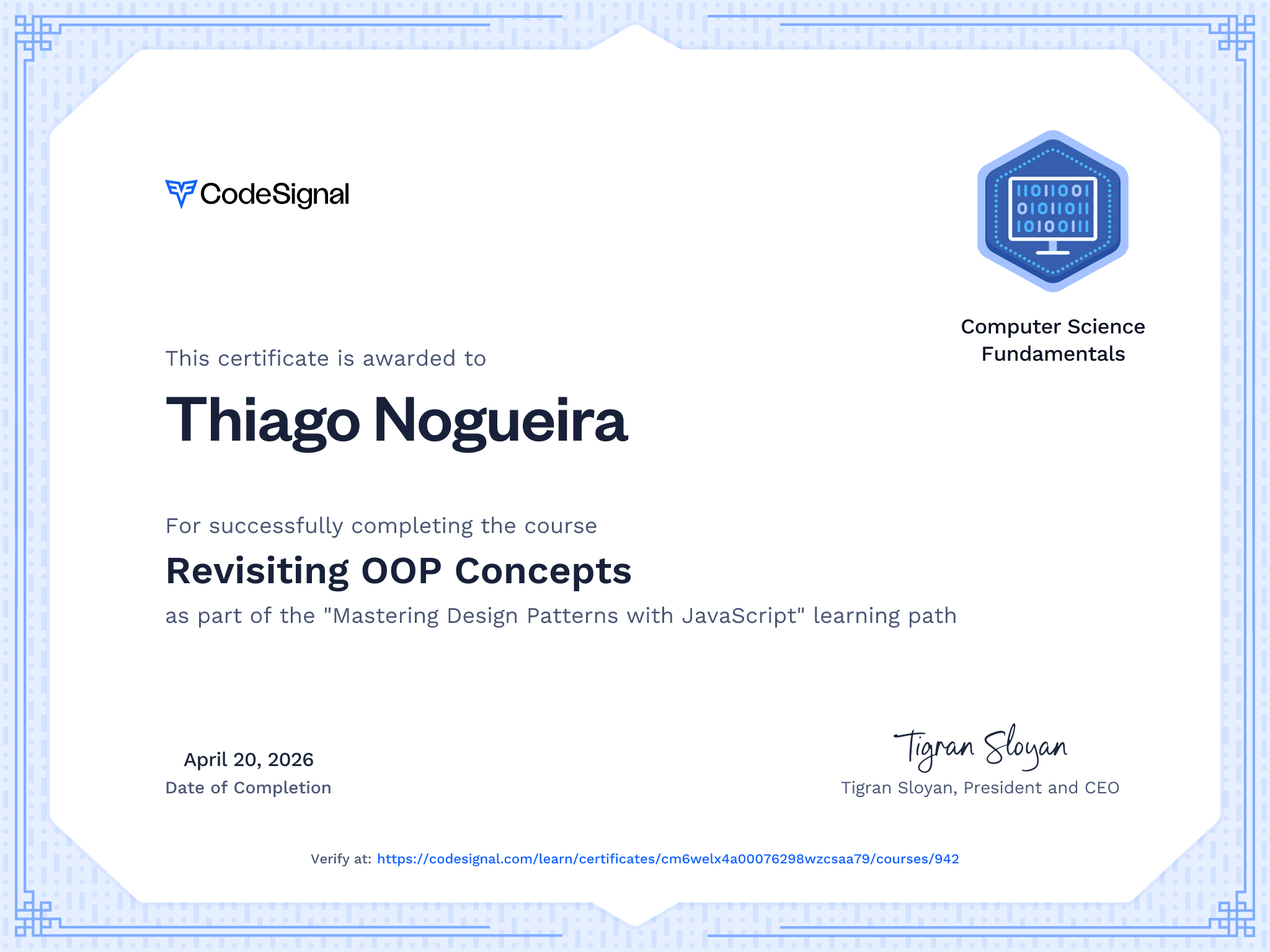 Course certificate for Revisiting OOP Concepts | CodeSignal Learn