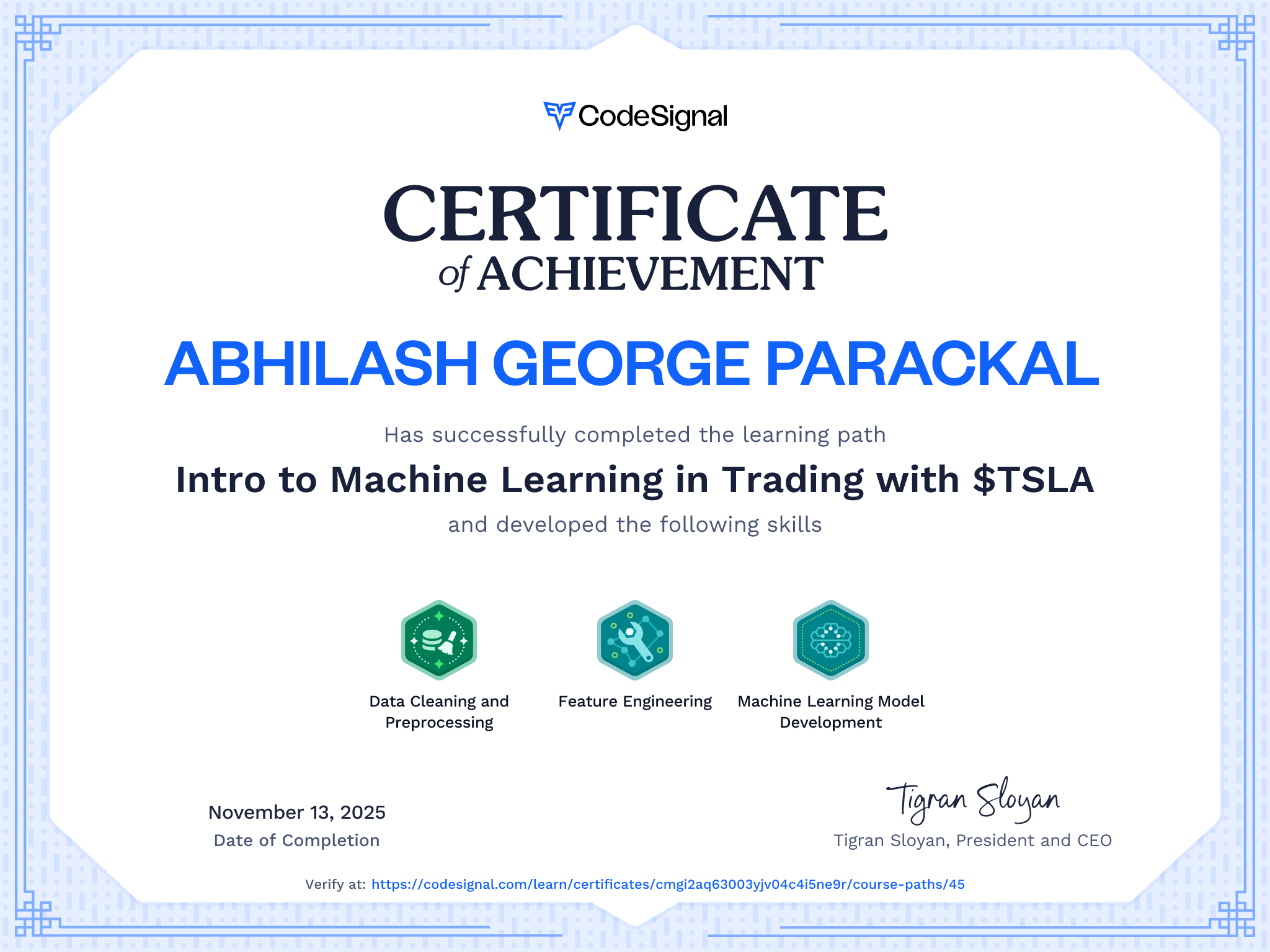 Path certificate for Intro to Machine Learning in Trading with $TSLA ...
