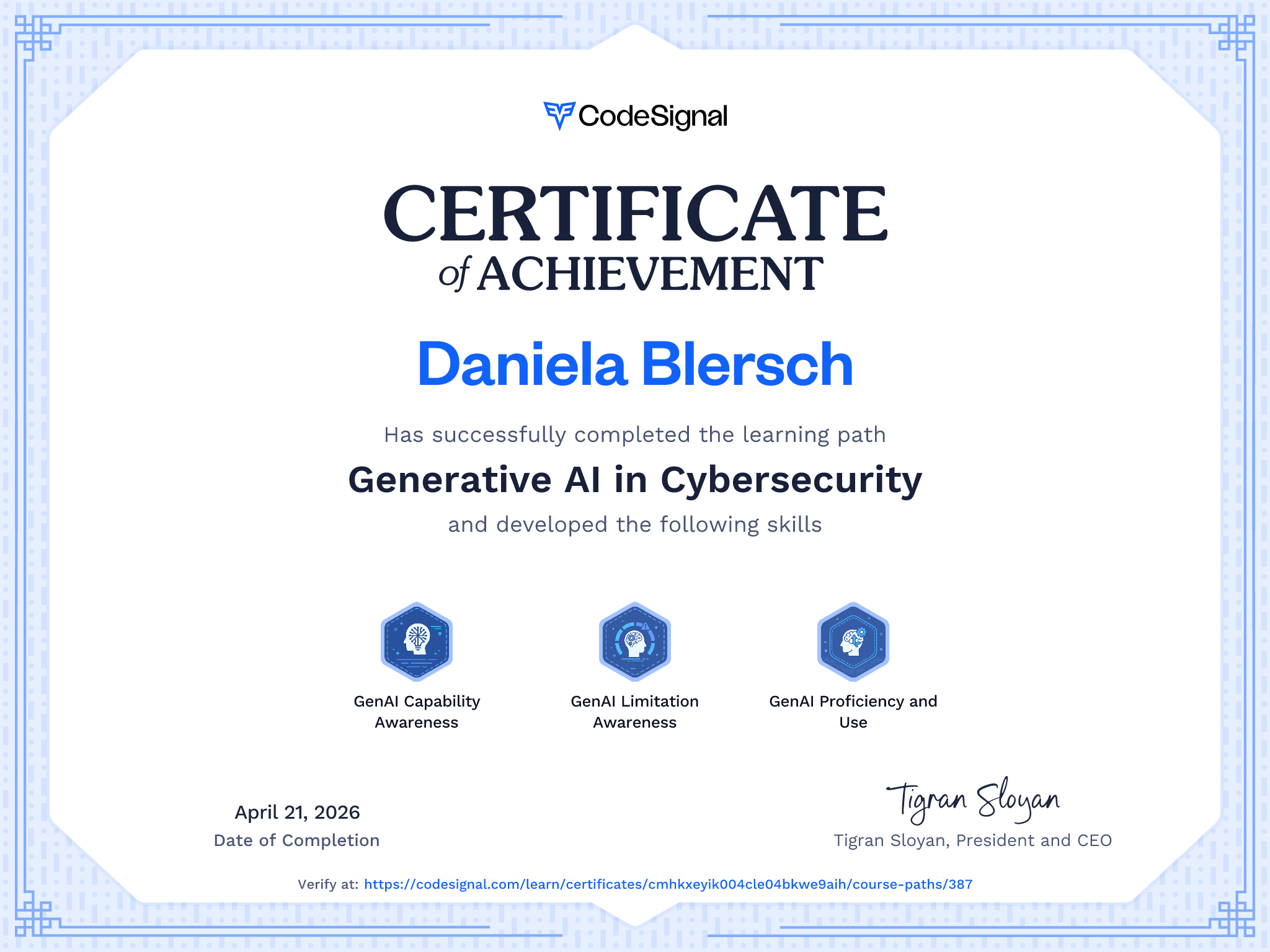 Path Certificate for Generative AI in Cybersecurity