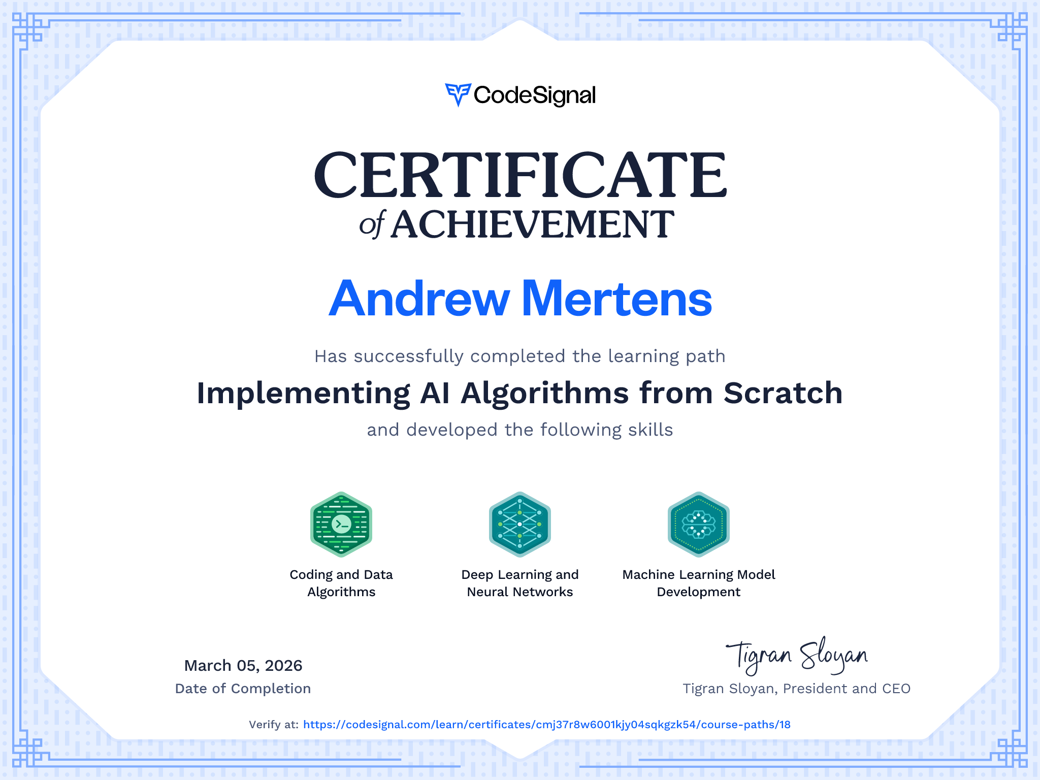 Path certificate for Implementing AI Algorithms from Scratch ...