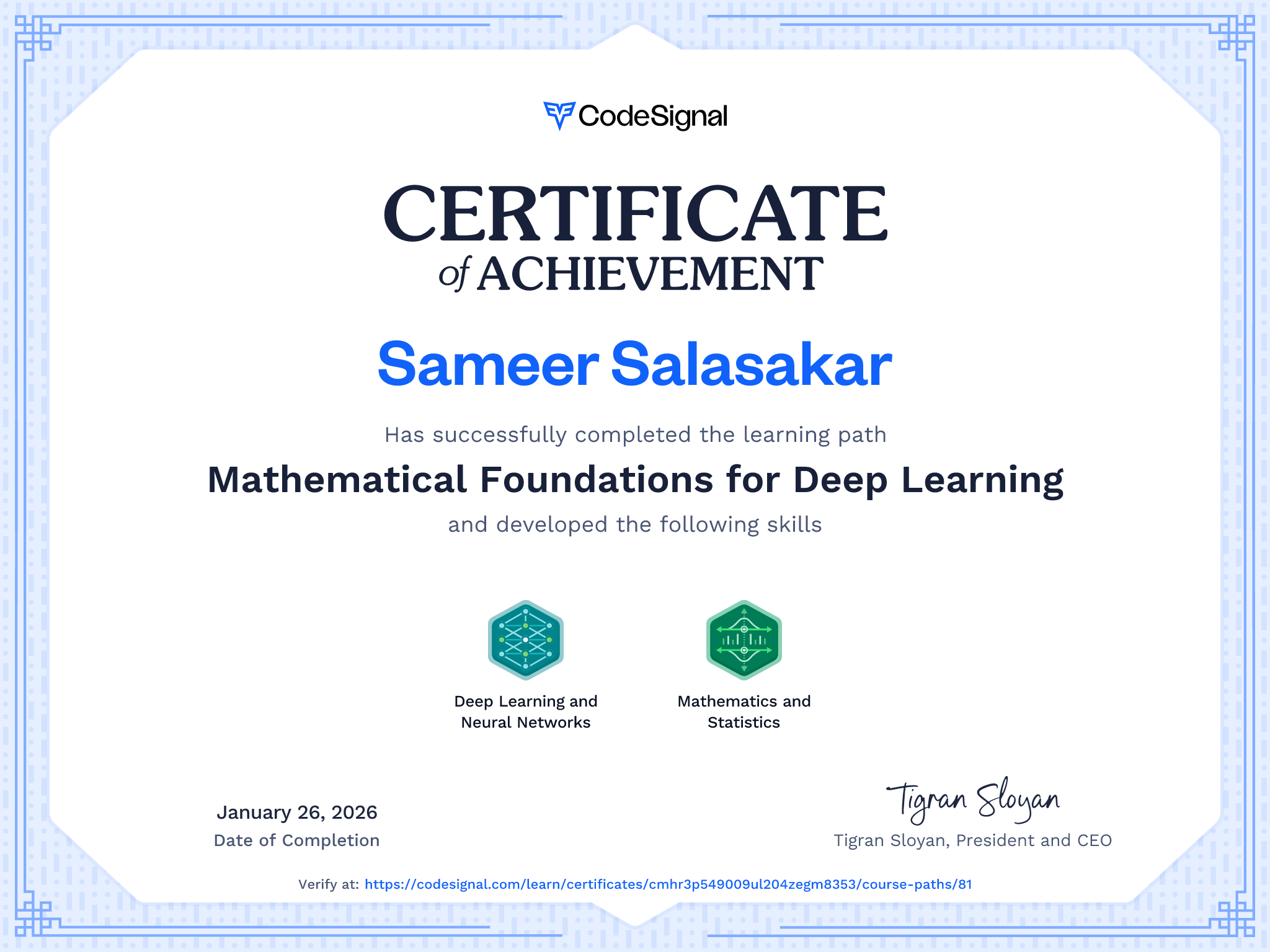 Path Certificate for Mathematical Foundations for Deep Learning