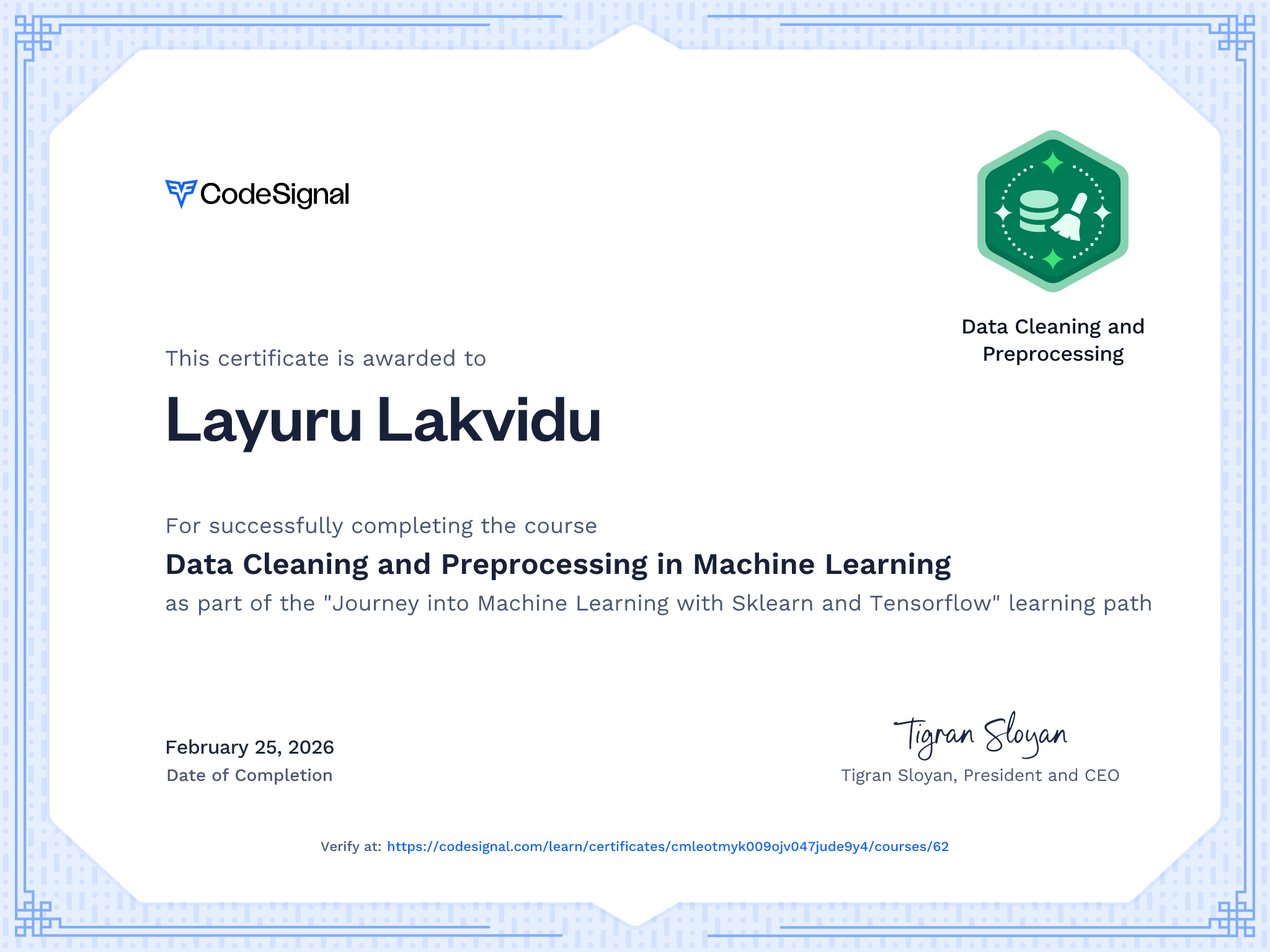 Course certificate for Data Cleaning and Preprocessing in Machine ...