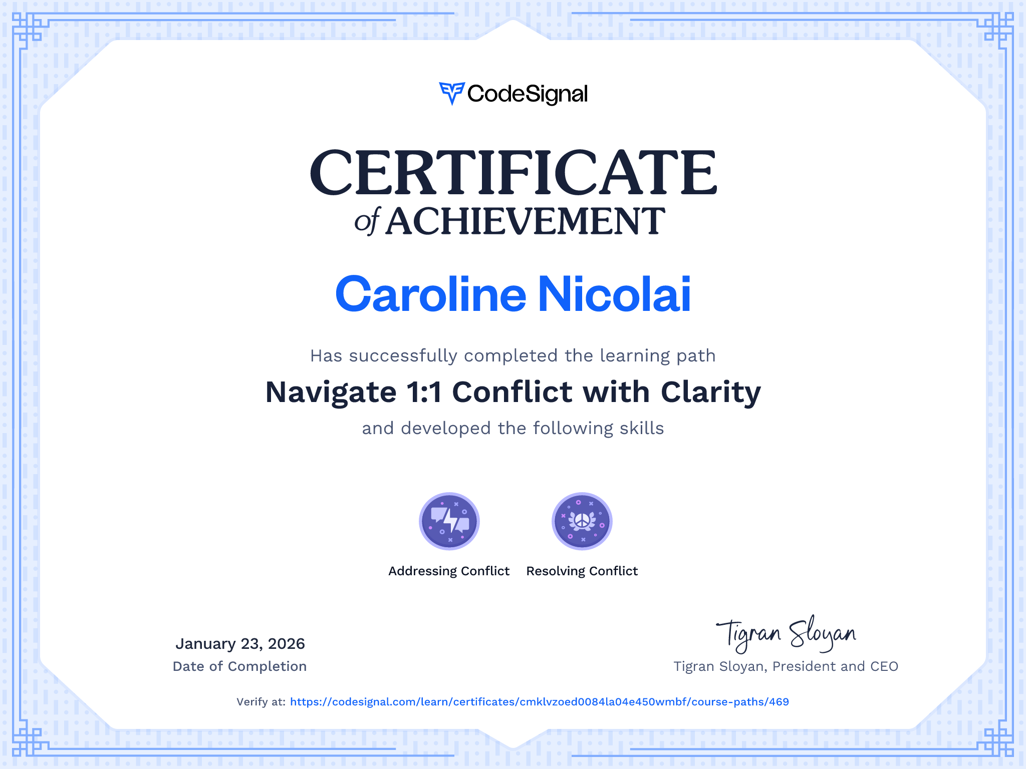 Path Certificate for Navigate 1:1 Conflict with Clarity