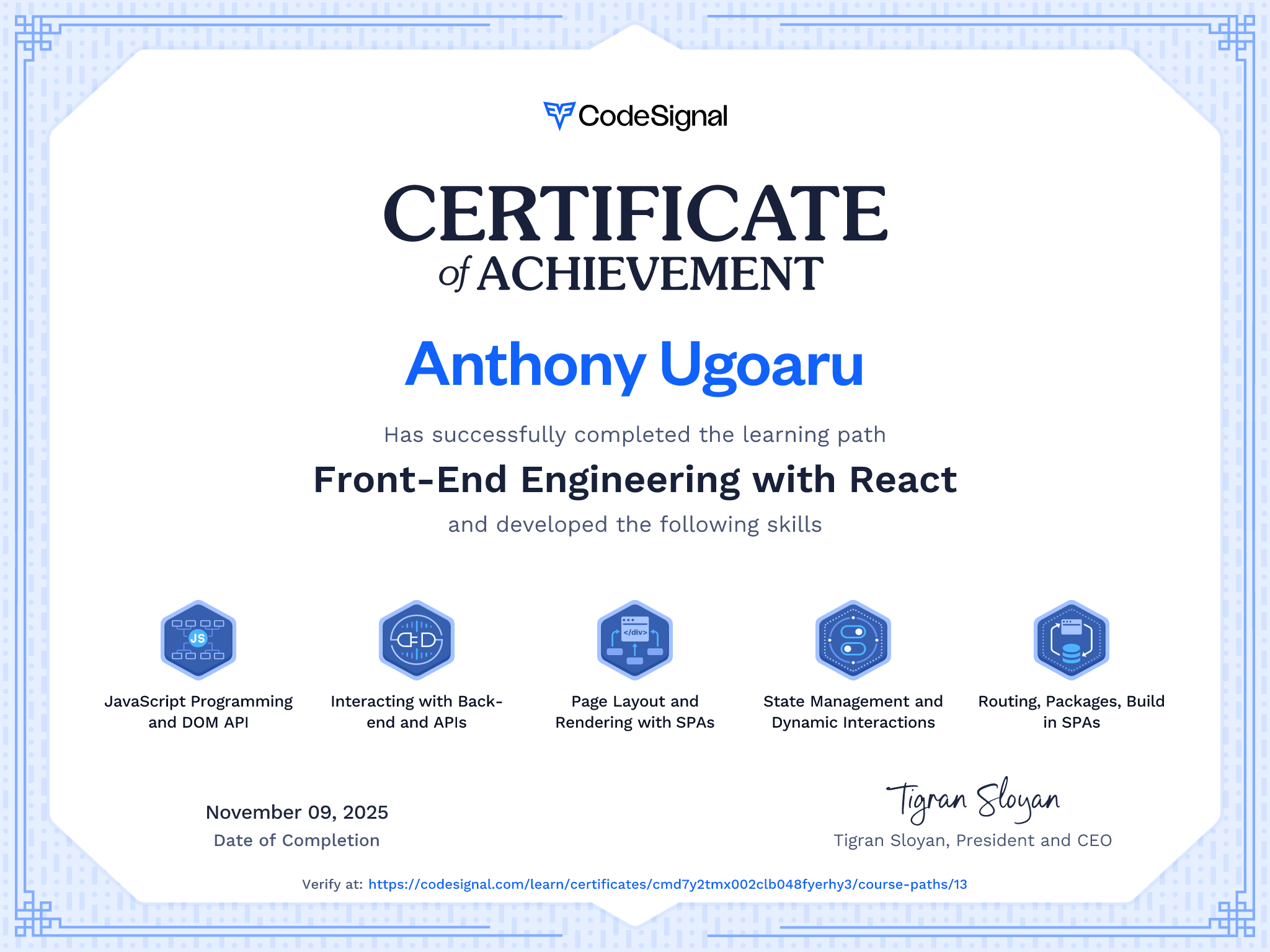 Path Certificate for Front-End Engineering with React