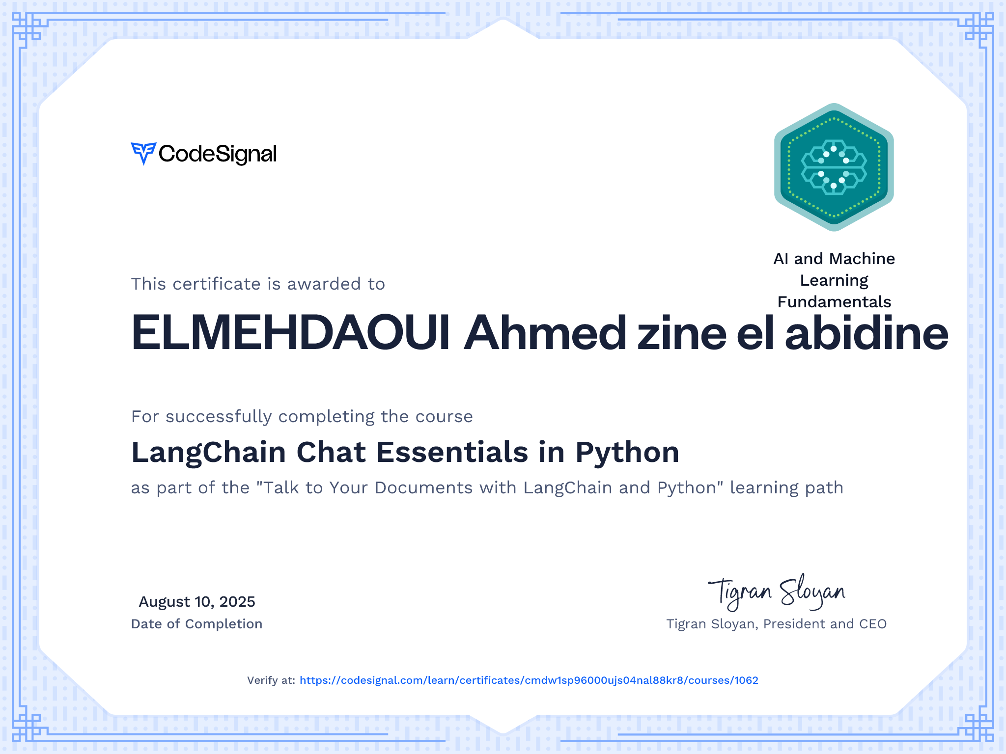 Course certificate for LangChain Chat Essentials in Python | CodeSignal ...