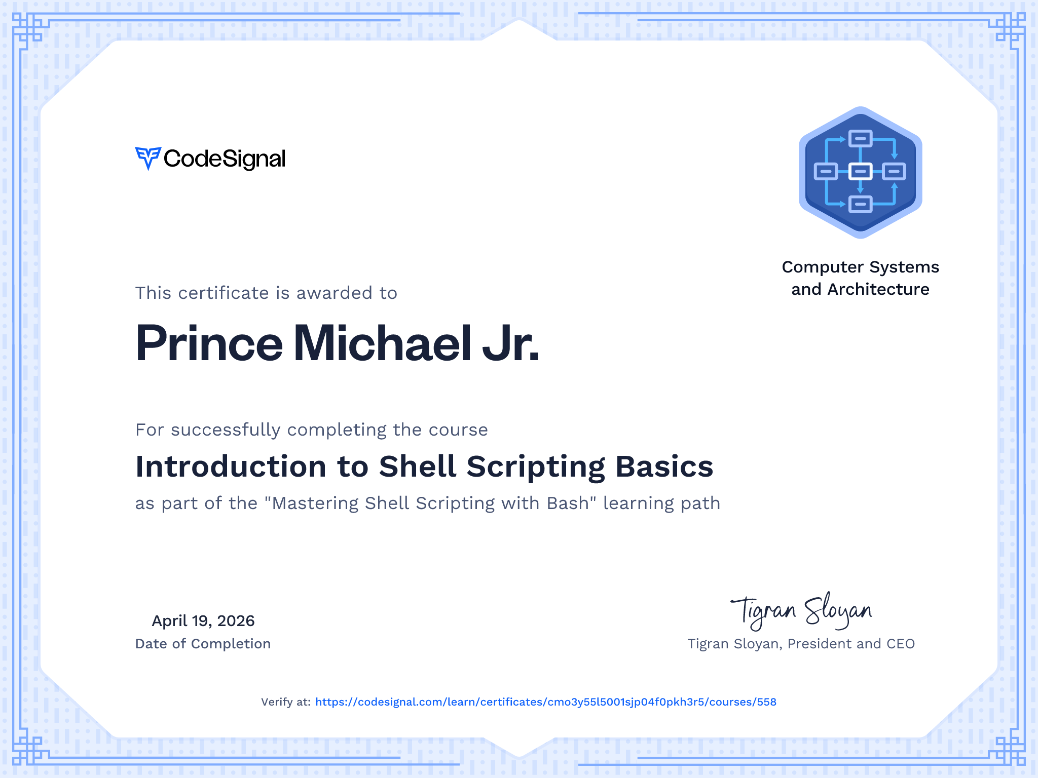 Course certificate for Introduction to Shell Scripting Basics ...