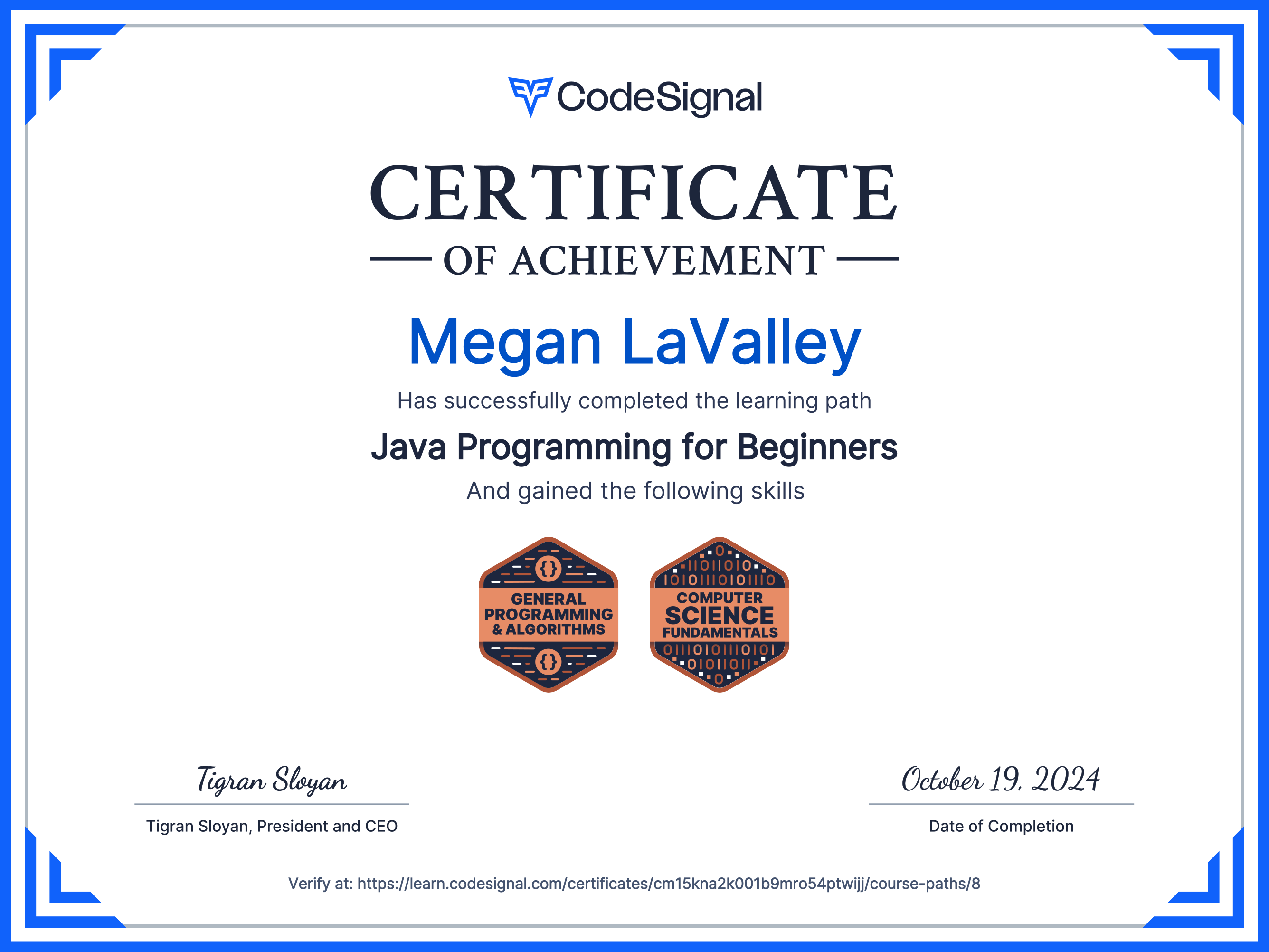 Path Certificate for Java Programming for Beginners