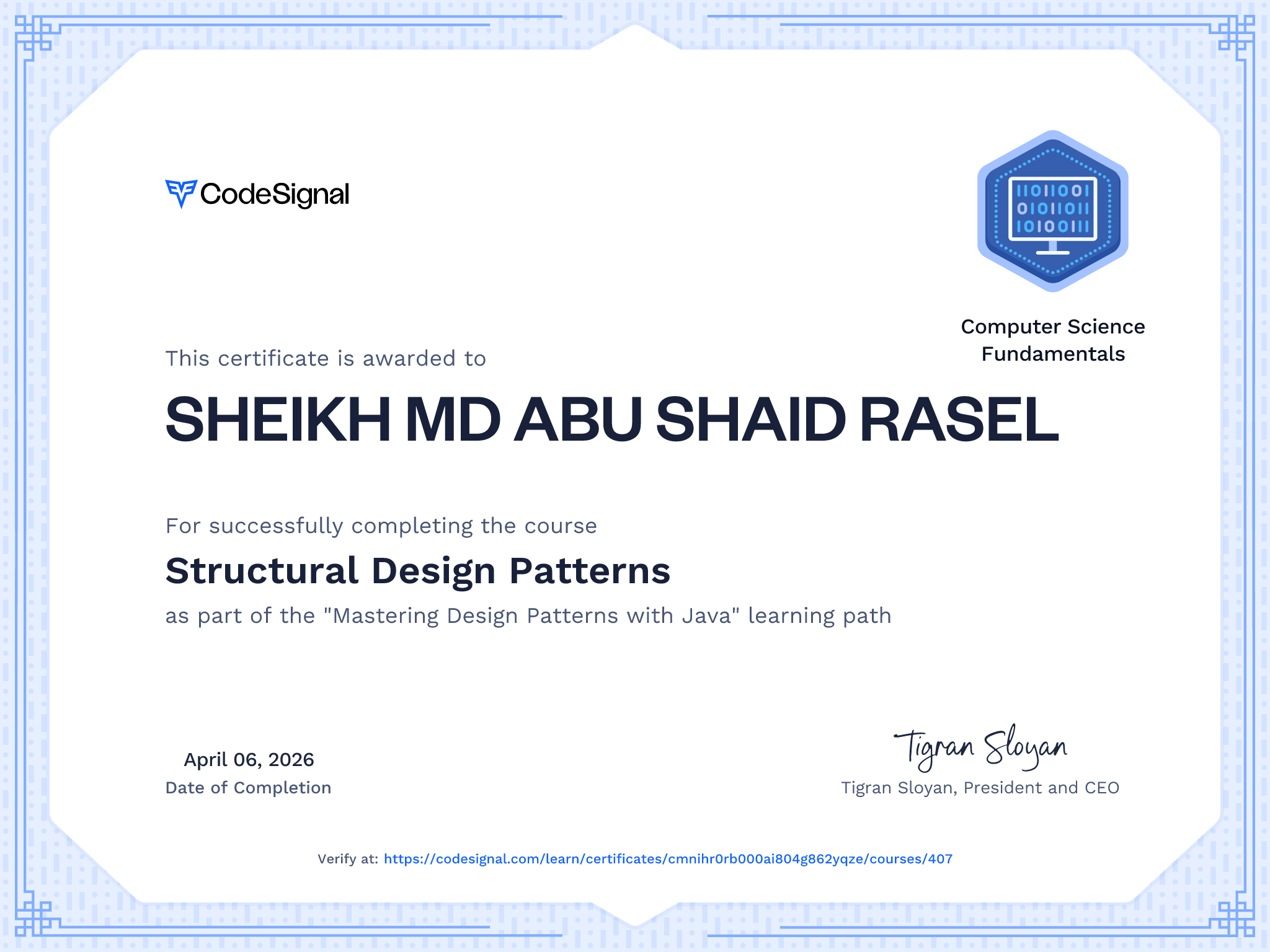 Course certificate for Structural Design Patterns | CodeSignal Learn