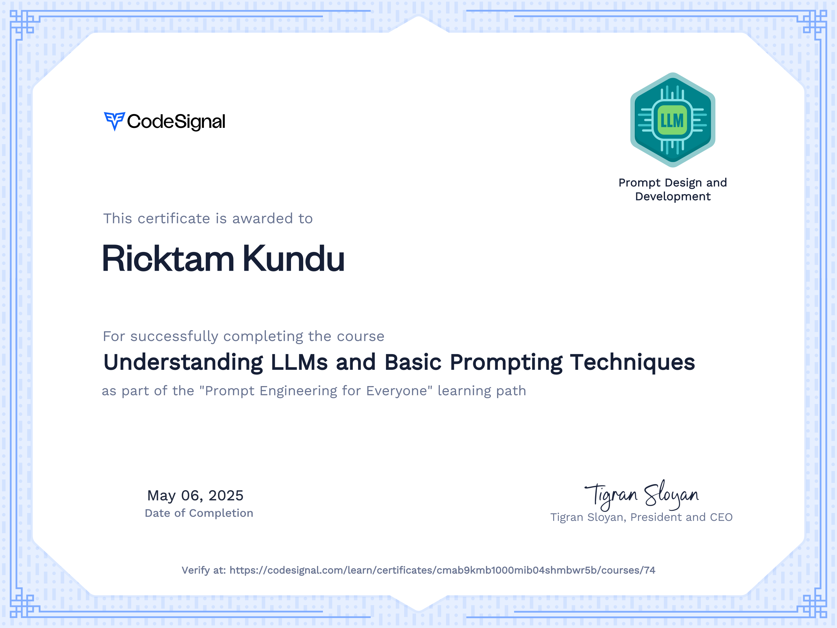 Course Certificate for Understanding LLMs and Basic Prompting Techniques