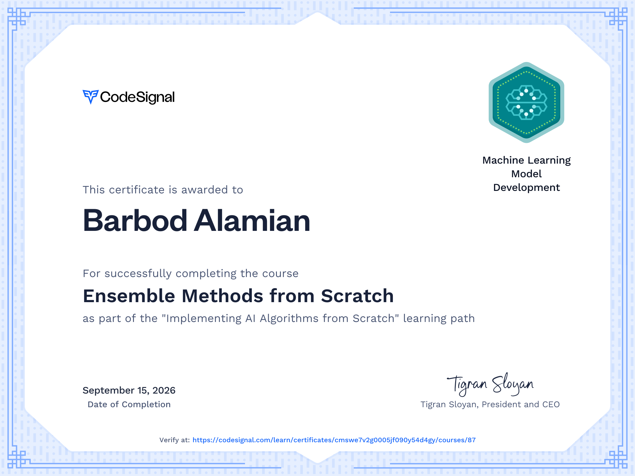Course Certificate for Ensemble Methods from Scratch
