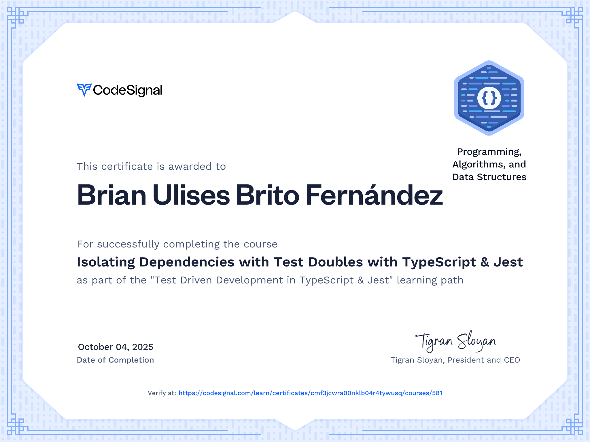 Course certificate for Isolating Dependencies with Test Doubles with ...
