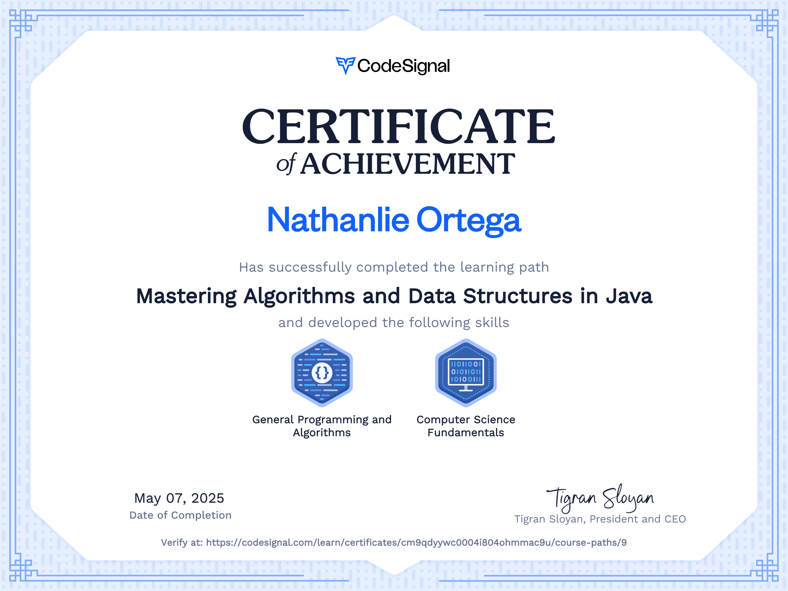 Path certificate for Mastering Algorithms and Data Structures in Java ...