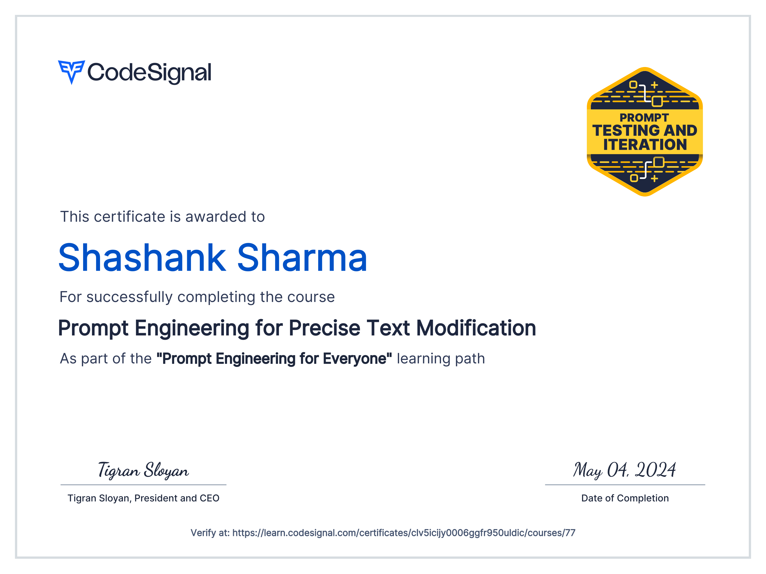 Course certificate for Prompt Engineering for Precise Text Modification ...