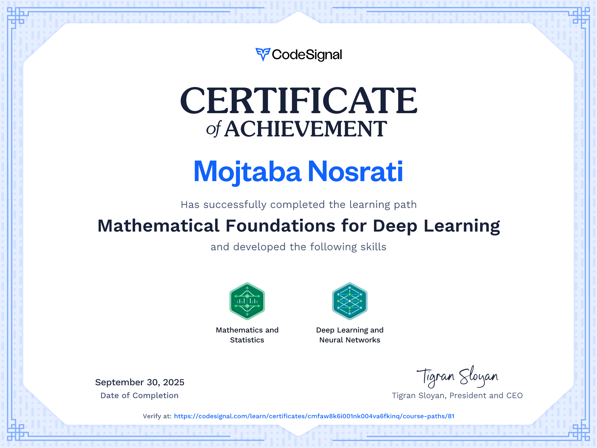 Path certificate for Mathematical Foundations for Deep Learning ...