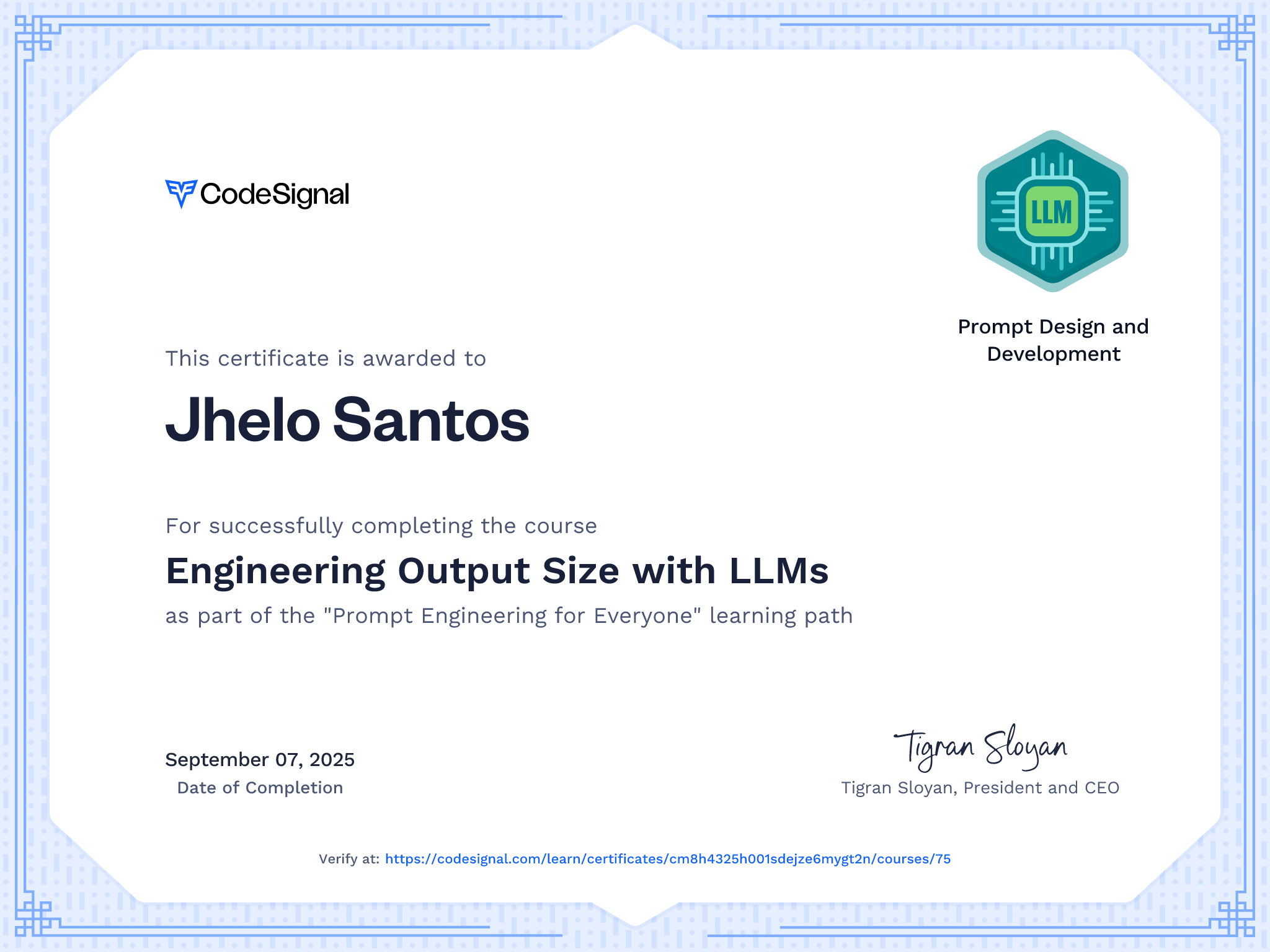 Course Certificate for Engineering Output Size with LLMs
