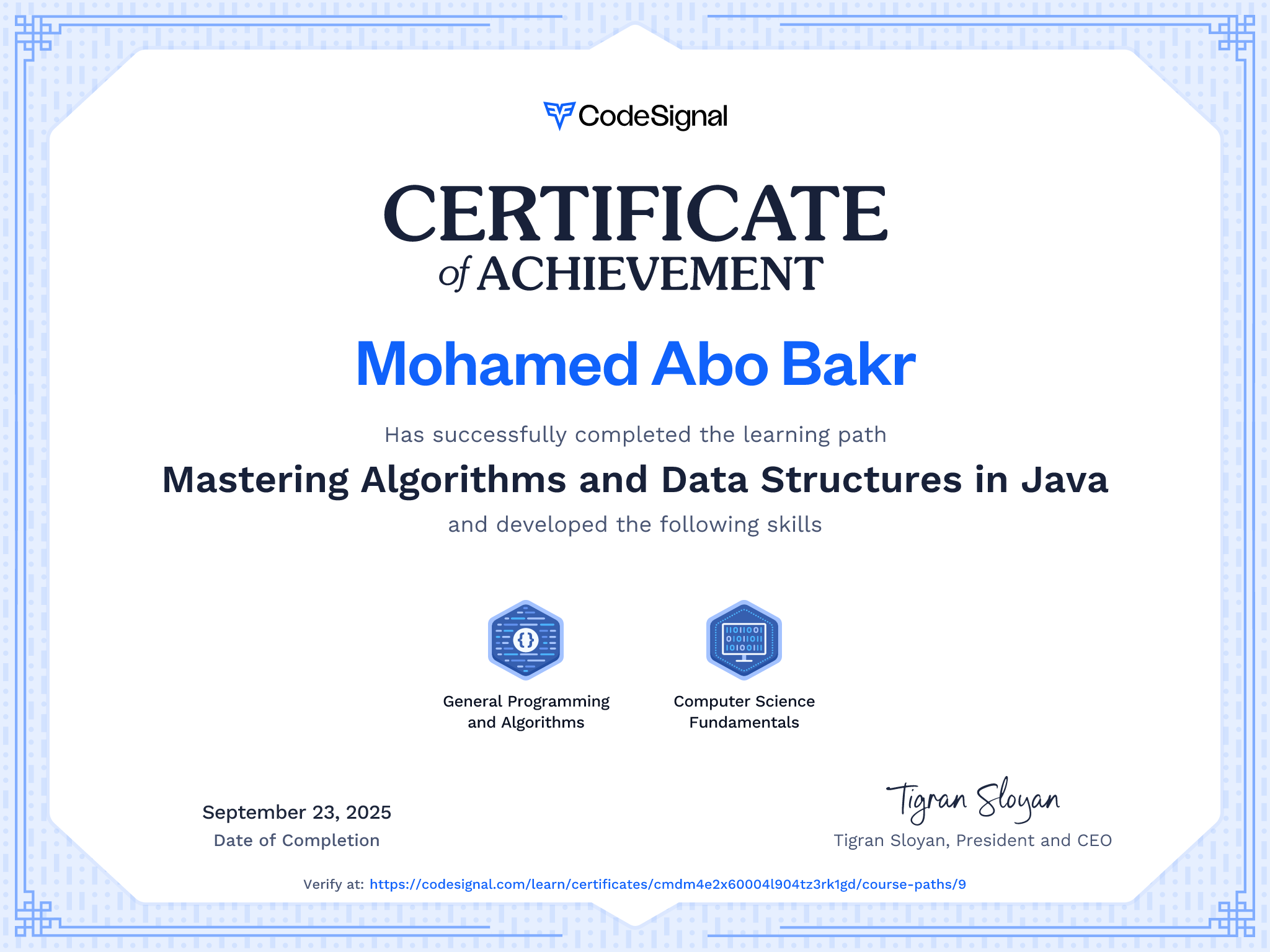 Path certificate for Mastering Algorithms and Data Structures in Java ...