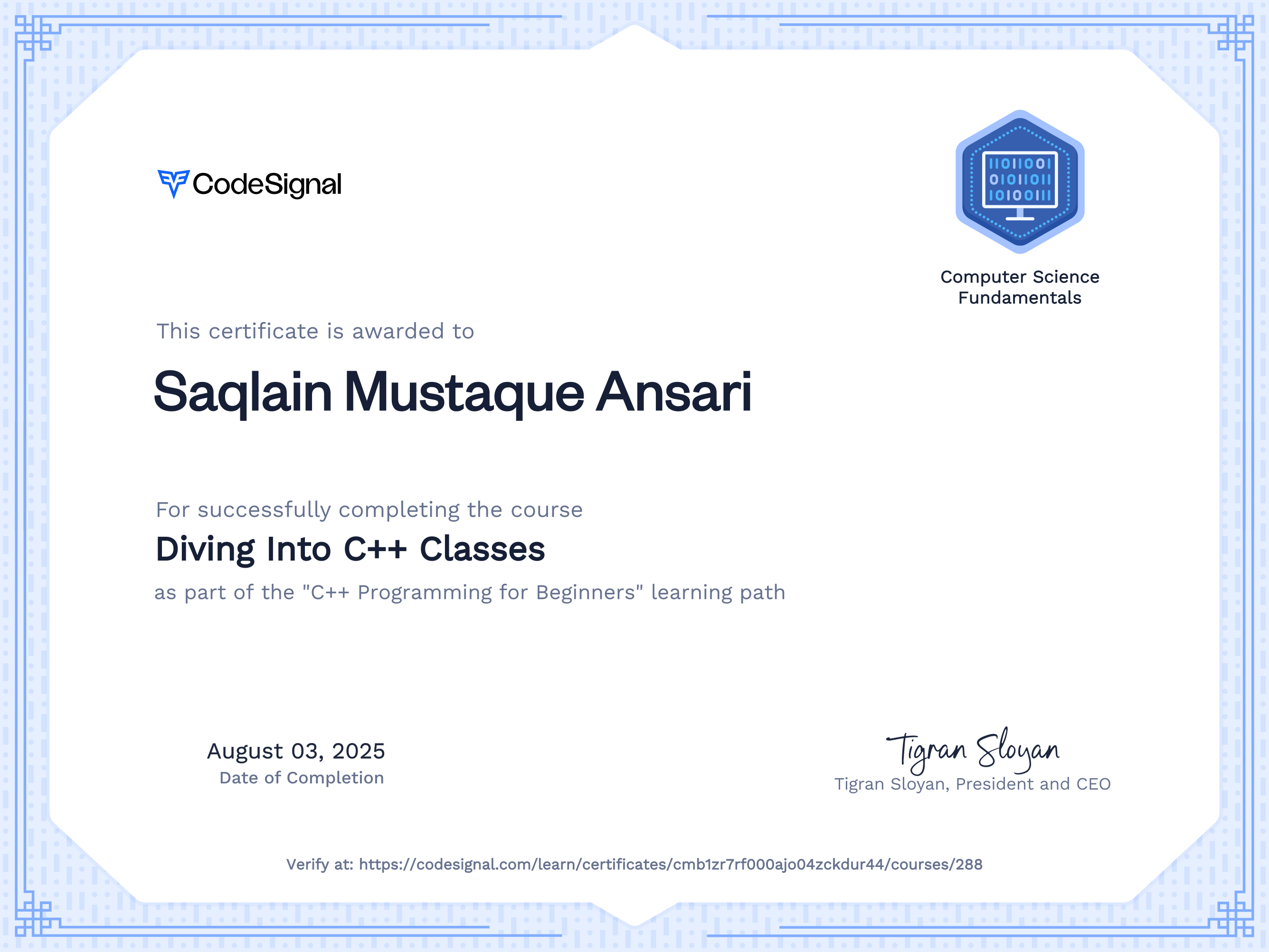 Course certificate for Diving Into C++ Classes | CodeSignal Learn