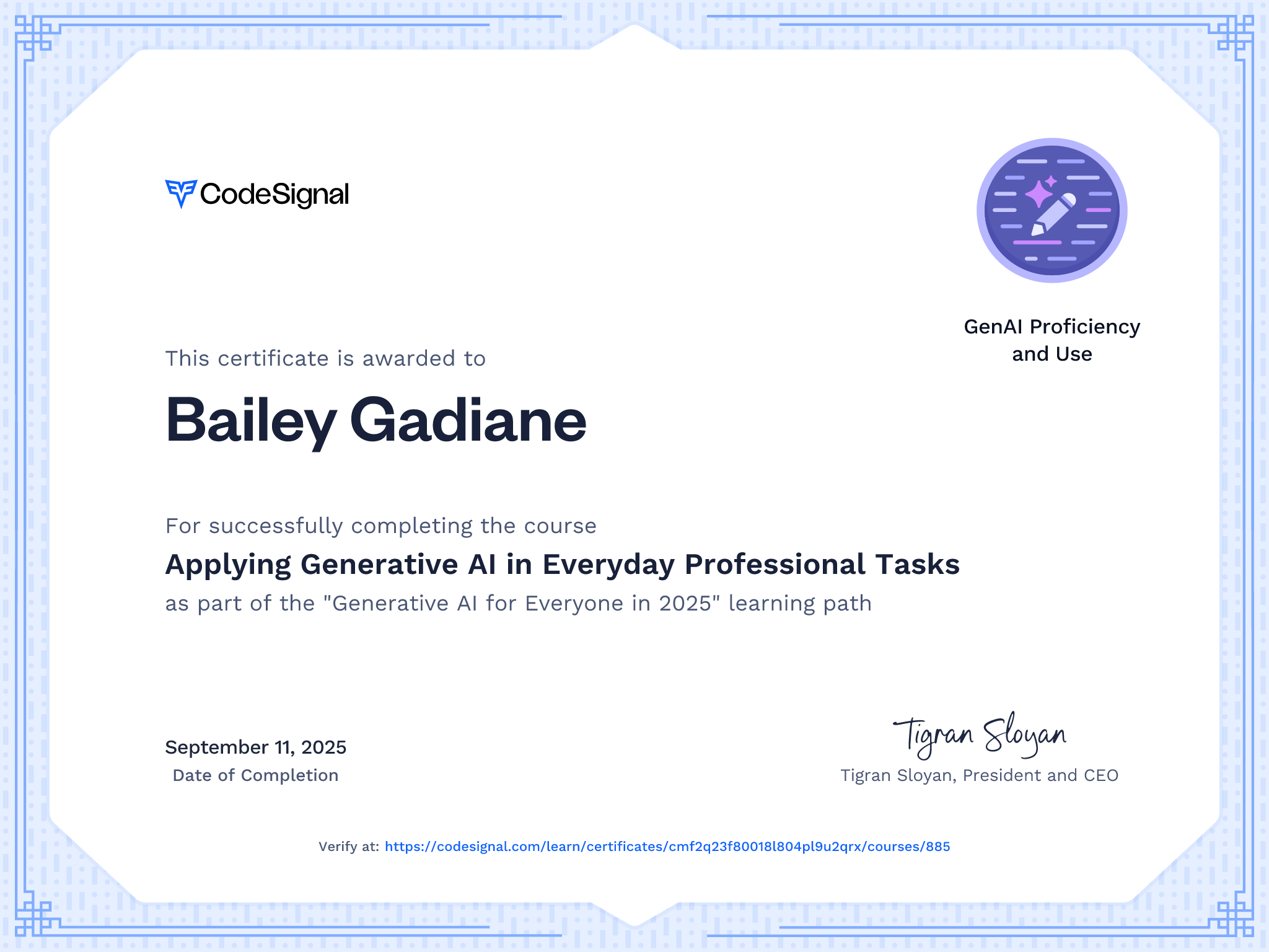 Course Certificate for Applying Generative AI in Everyday Professional Tasks
