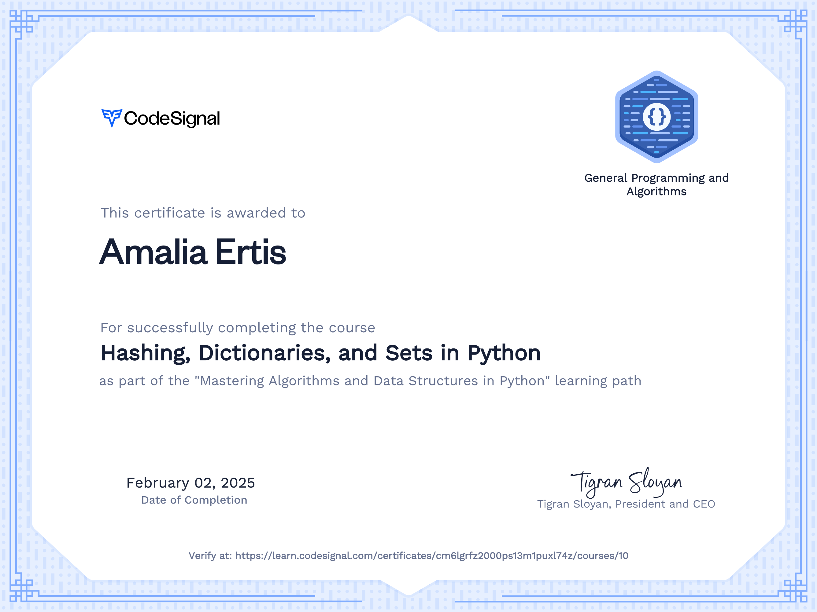 Course certificate for Hashing, Dictionaries, and Sets in Python ...
