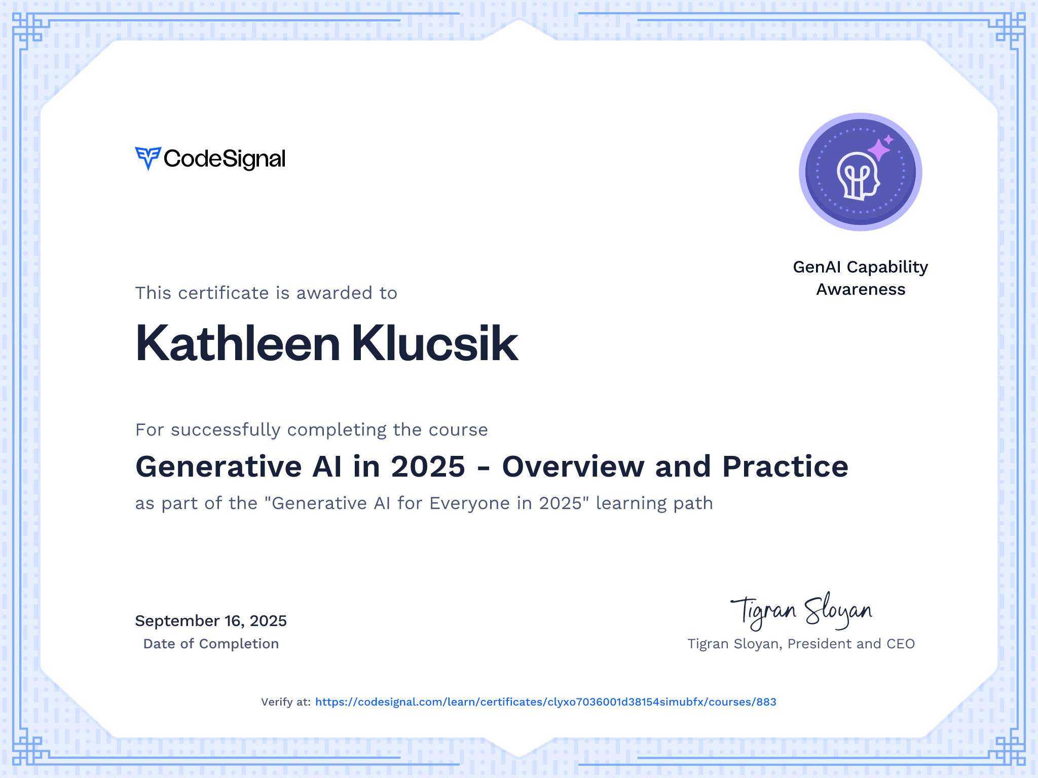 Course Certificate for Generative AI in 2025 - Overview and Practice