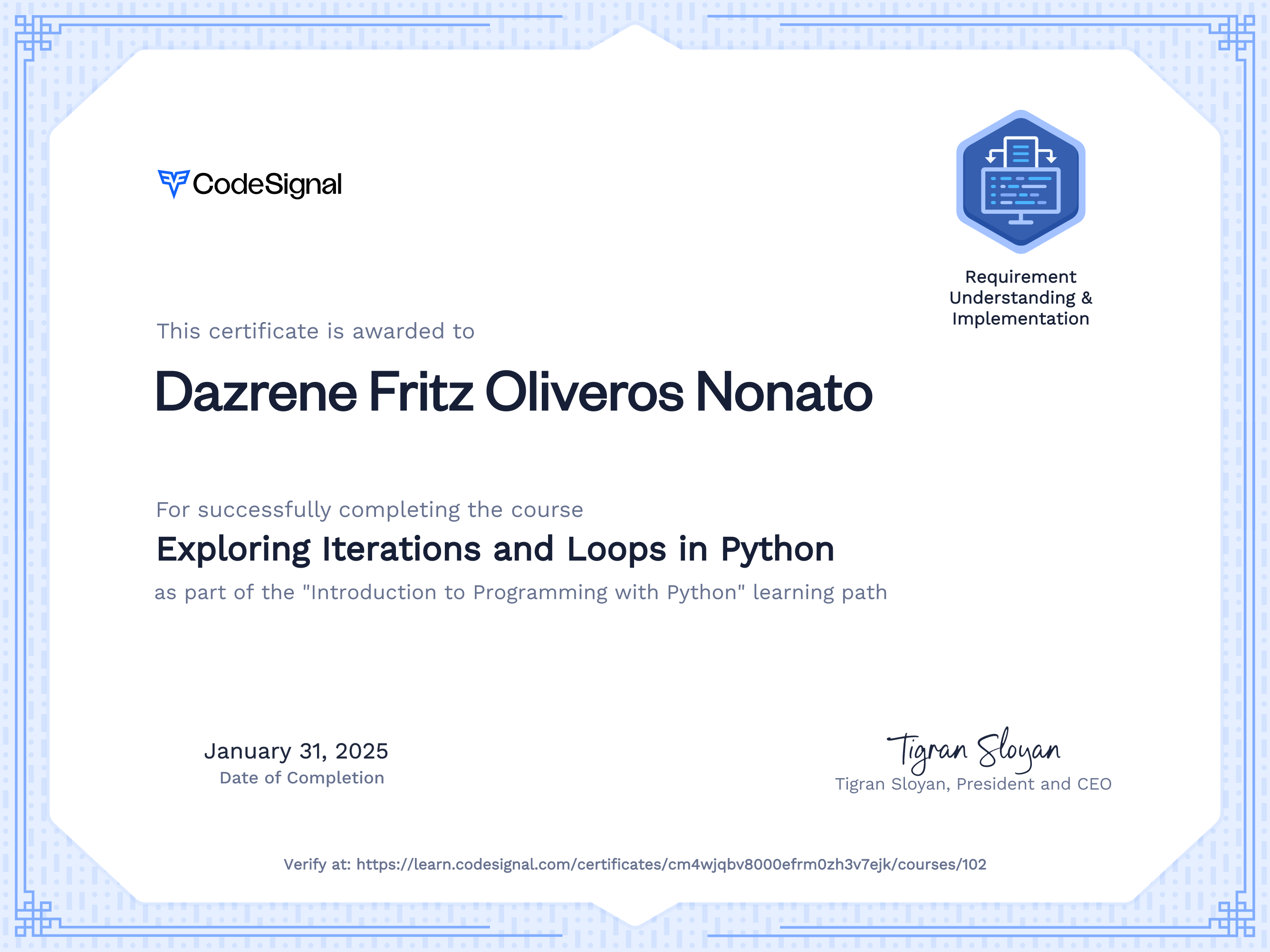 Course certificate for Exploring Iterations and Loops in Python ...