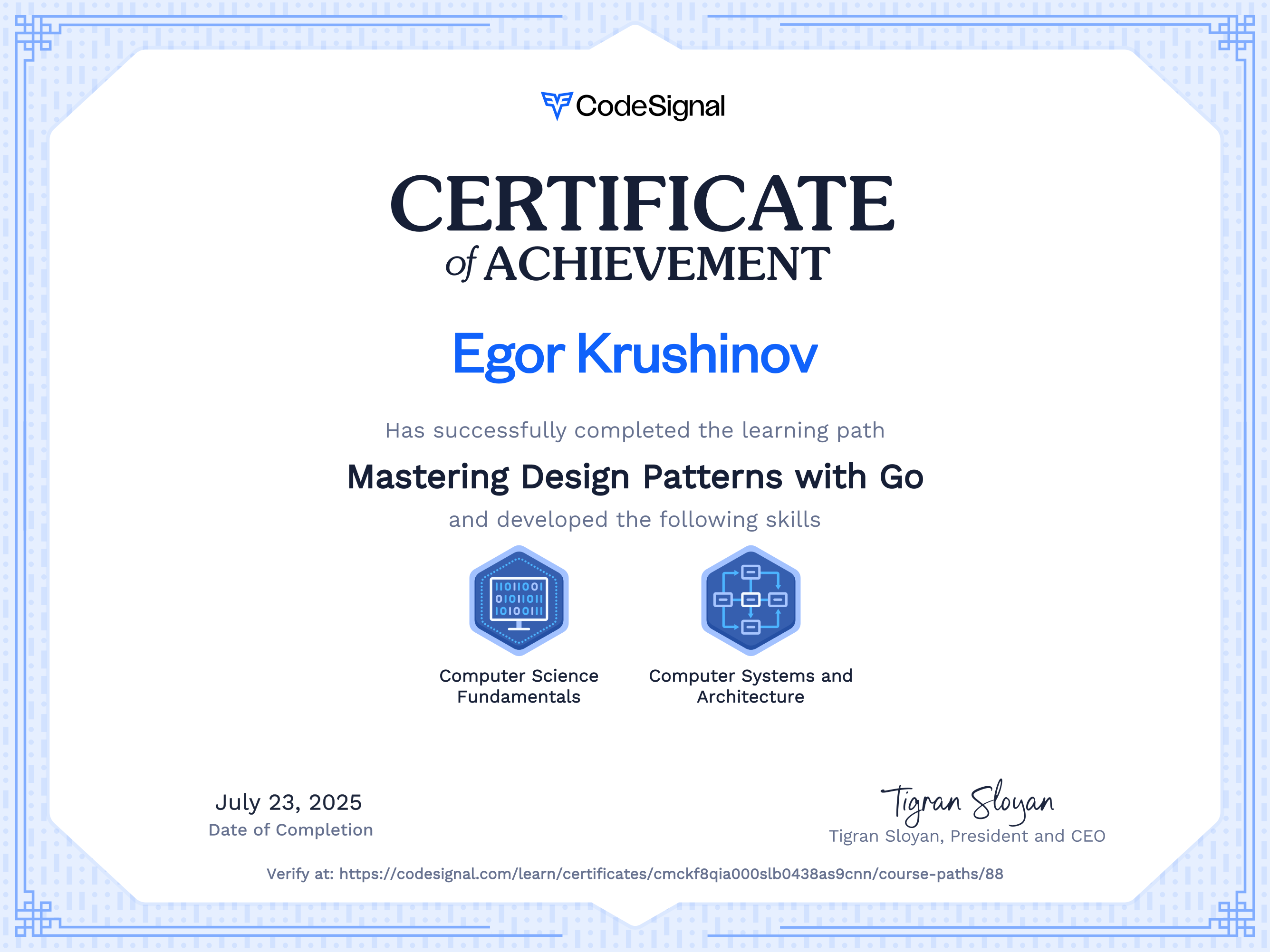 Path certificate for Mastering Design Patterns with Go | CodeSignal Learn