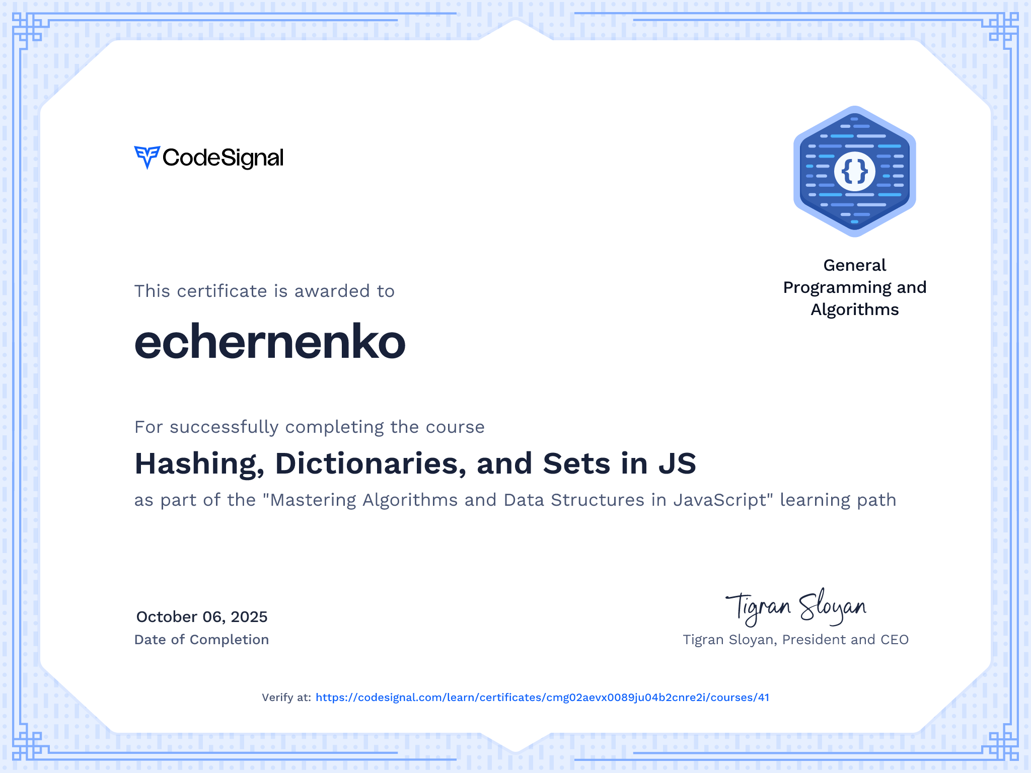 Course Certificate for Hashing, Dictionaries, and Sets in JS