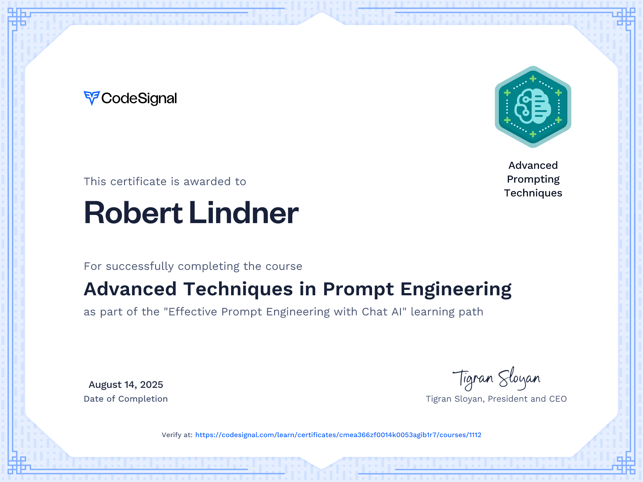 Course Certificate for Advanced Techniques in Prompt Engineering