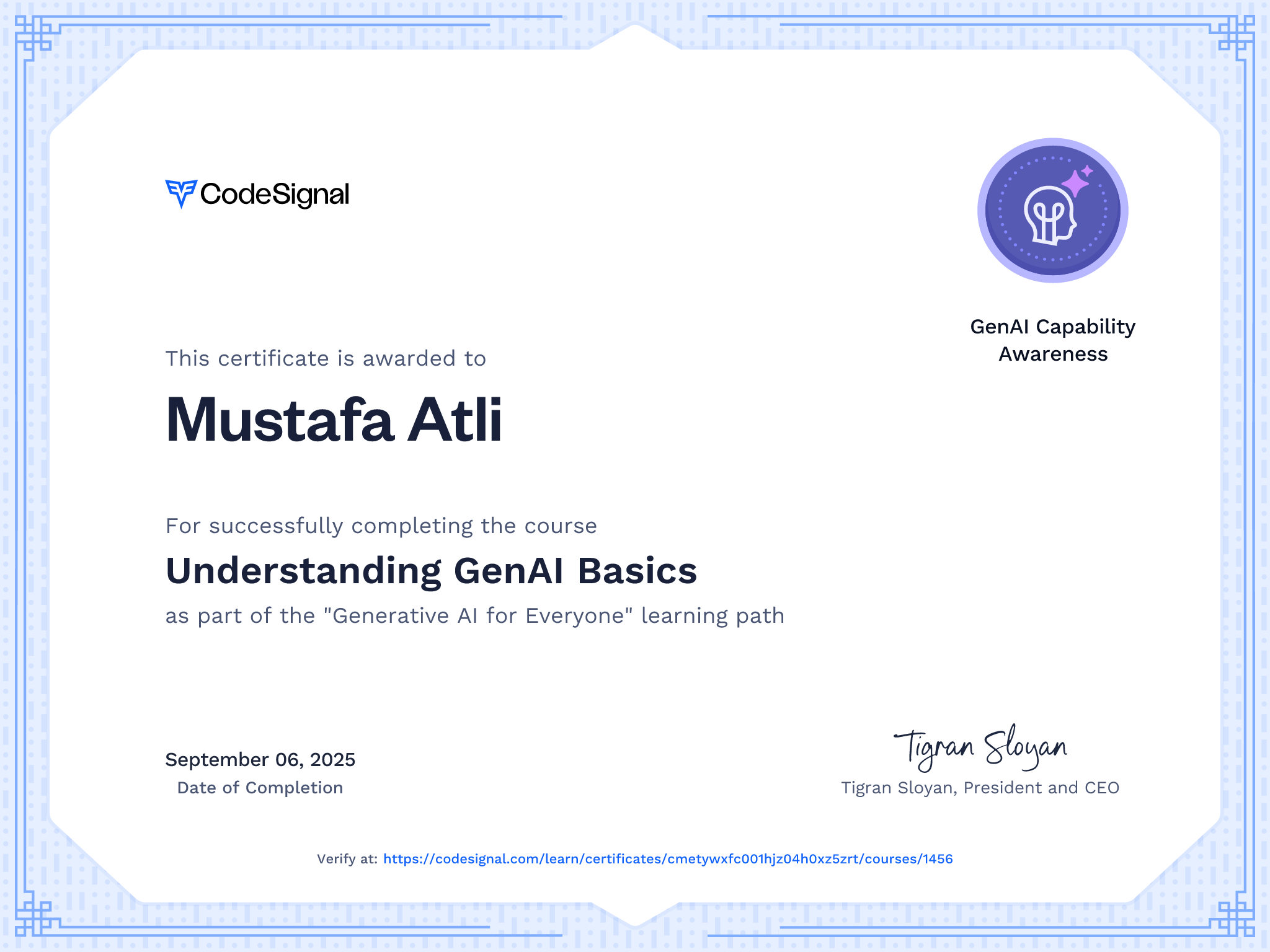 Course Certificate for Understanding GenAI Basics