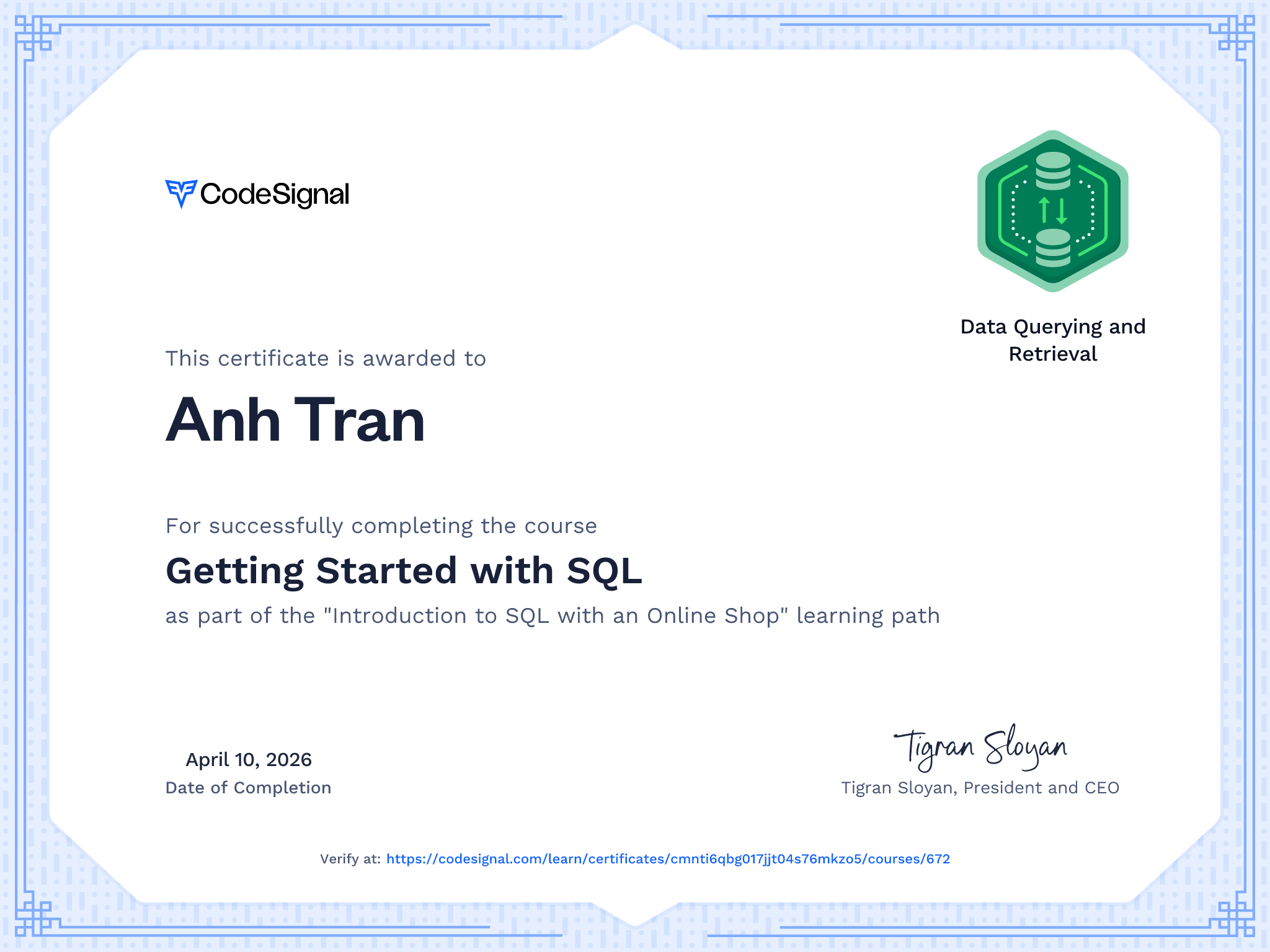 Course Certificate for Getting Started with SQL