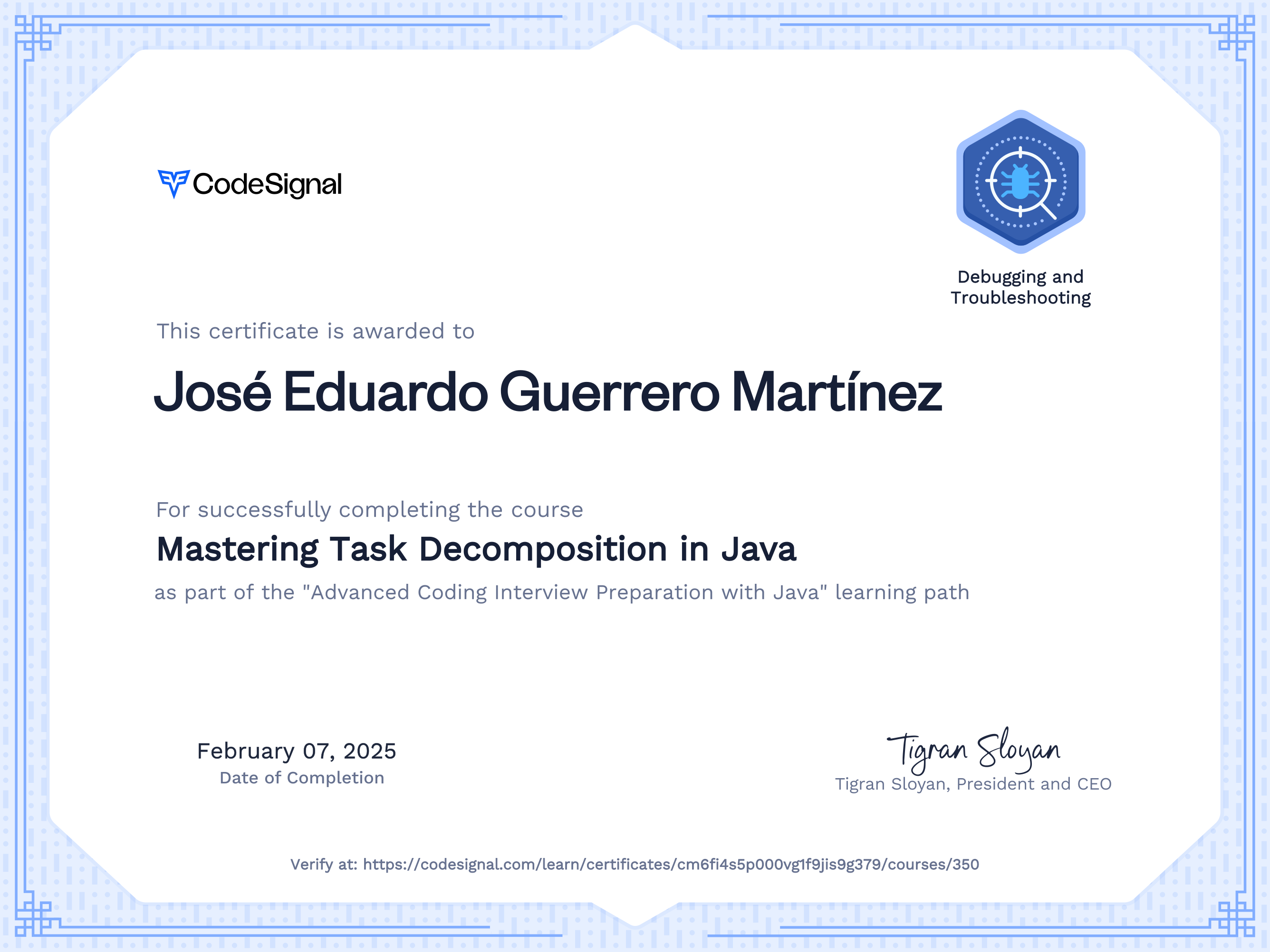 Course certificate for Mastering Task Decomposition in Java ...