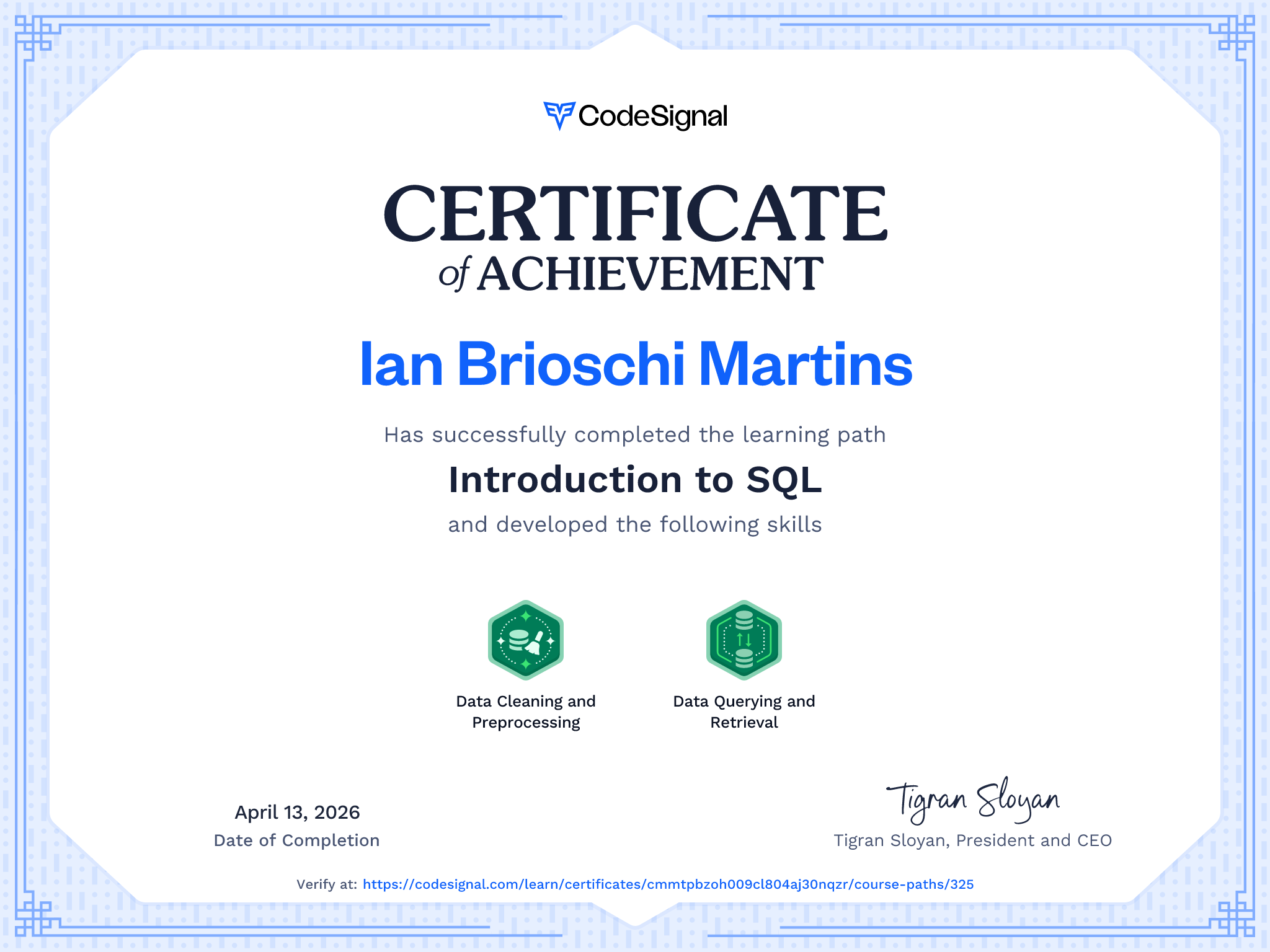 Path certificate for Introduction to SQL | CodeSignal Learn