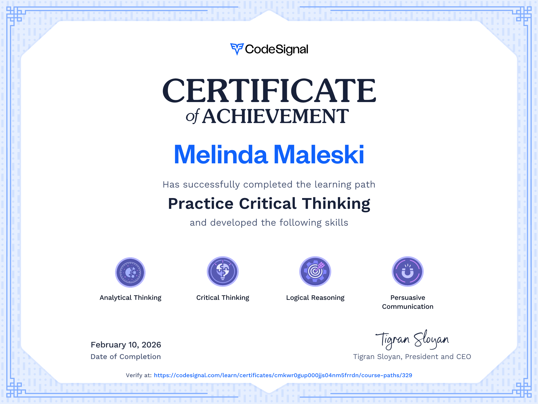 Path certificate for Practice Critical Thinking | CodeSignal Learn