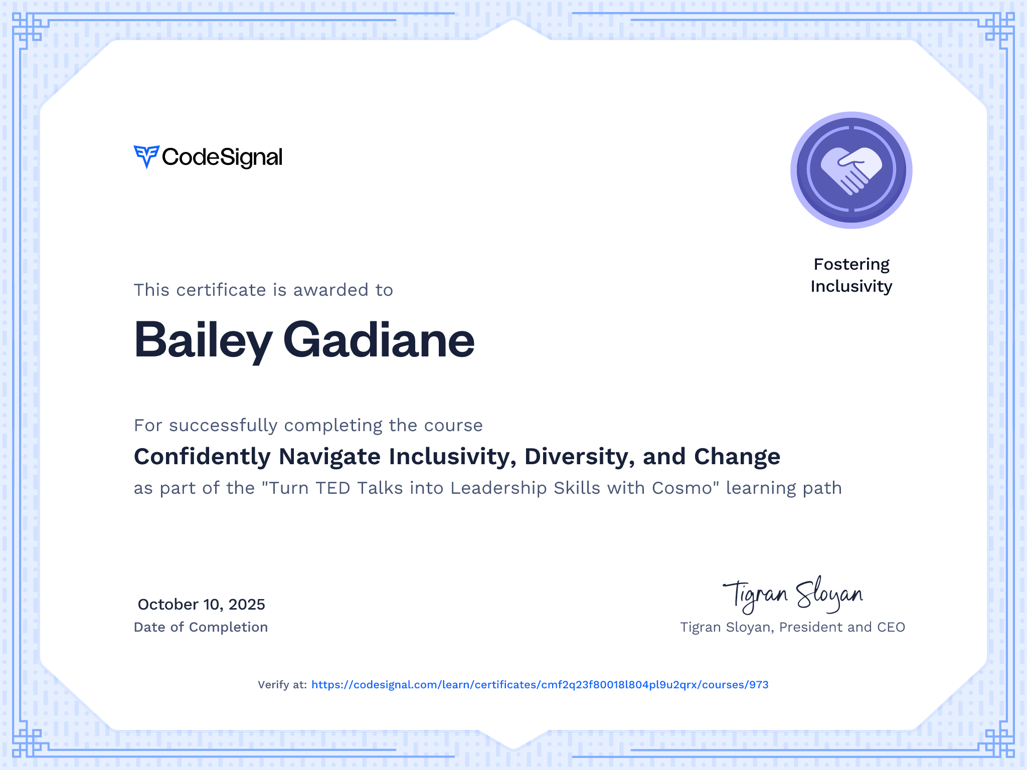Course Certificate for Confidently Navigate Inclusivity, Diversity, and Change