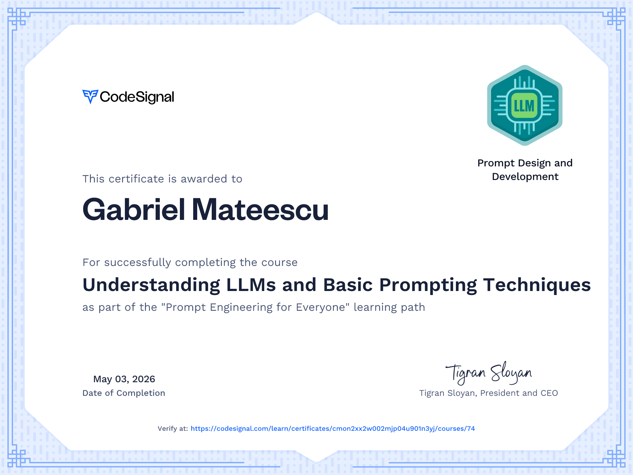 Course Certificate for Understanding LLMs and Basic Prompting Techniques