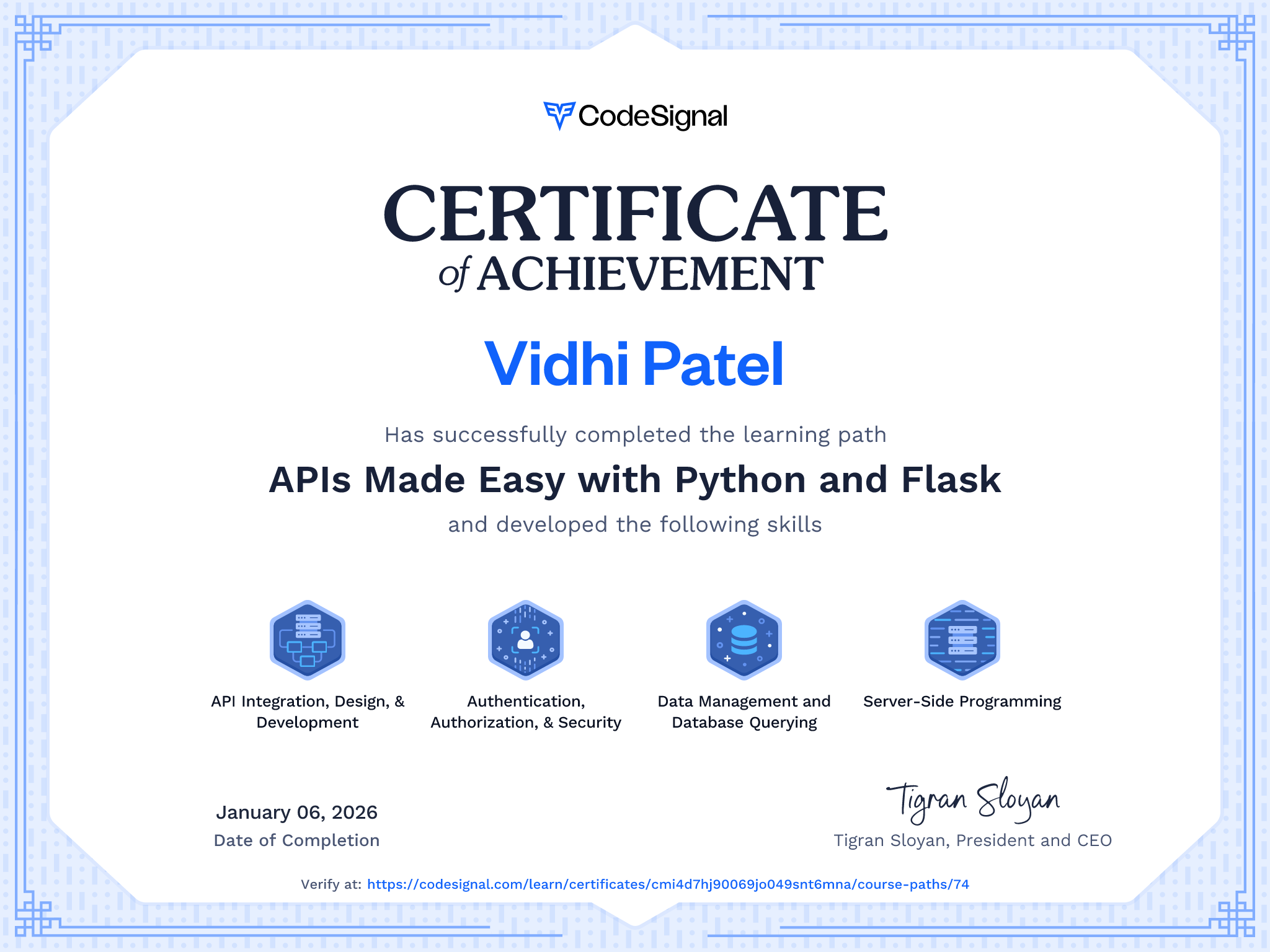 Path certificate for APIs Made Easy with Python and Flask | CodeSignal ...