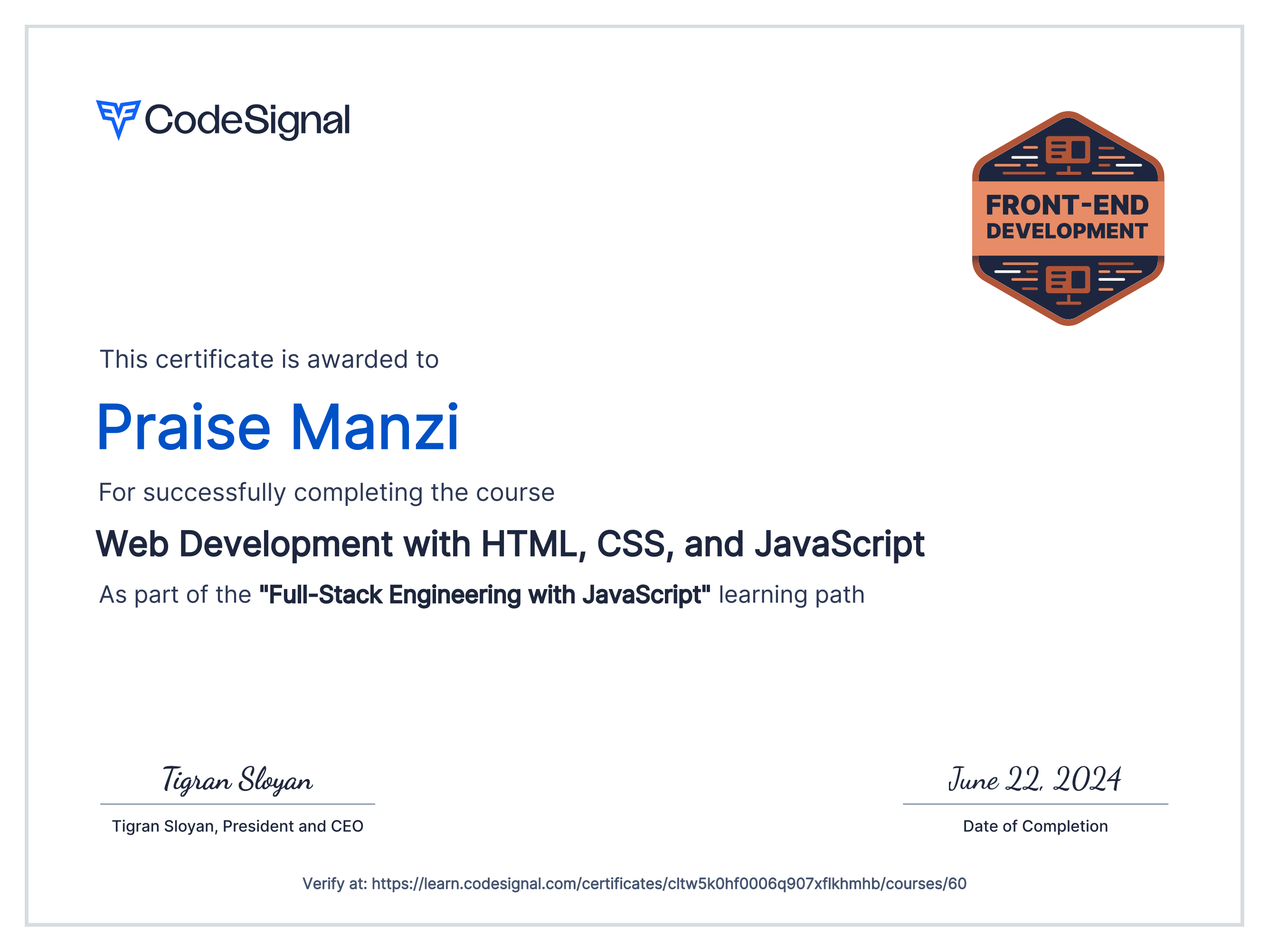 Course certificate for Web Development with HTML, CSS, and JavaScript ...