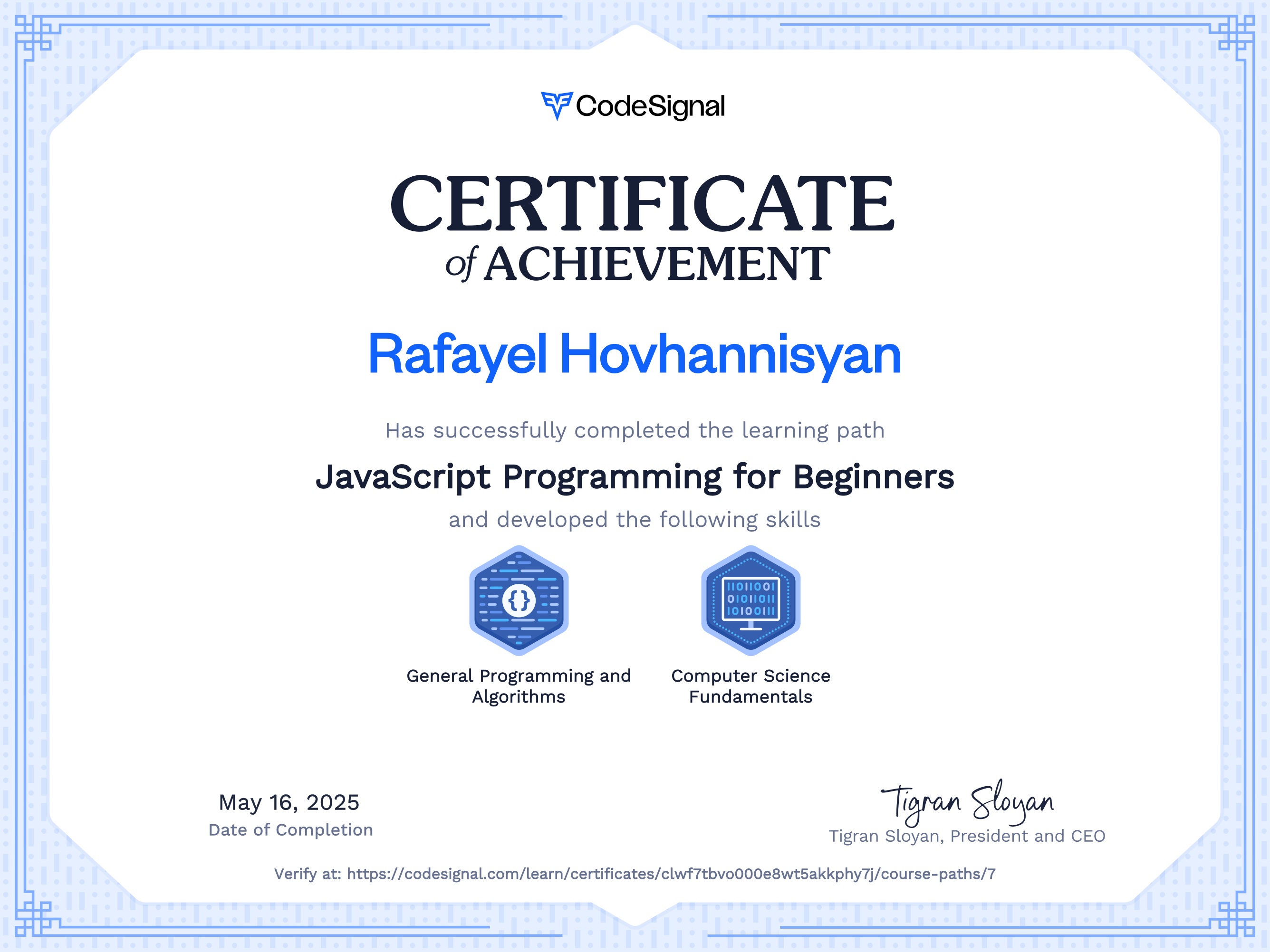Path Certificate for JavaScript Programming for Beginners